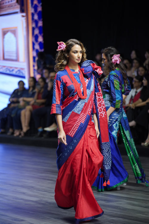 BLUE - RED REVERSIBLE PATCHWORK SILK SAREE WITH TASSELS
