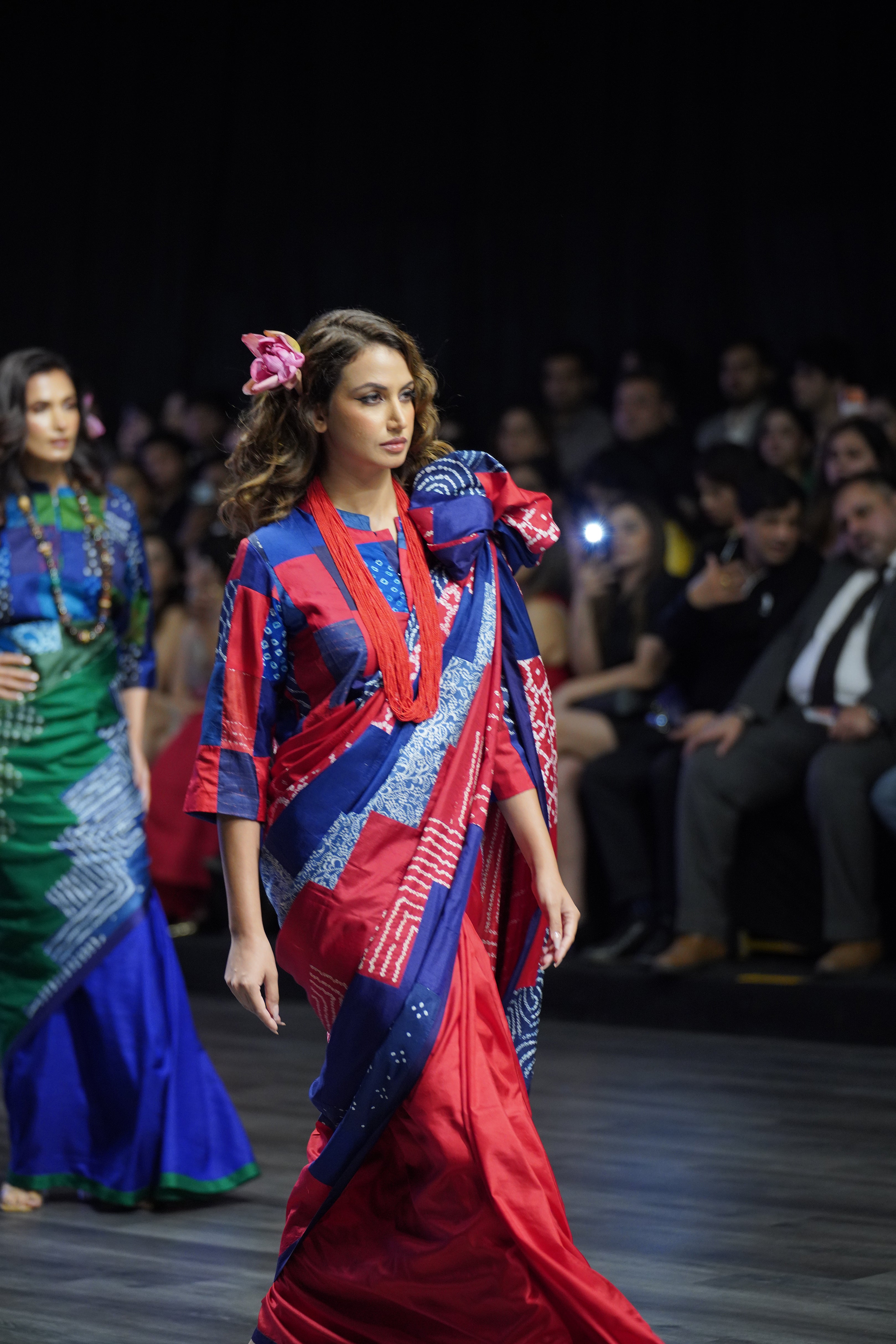 BLUE - RED REVERSIBLE PATCHWORK SILK SAREE WITH TASSELS