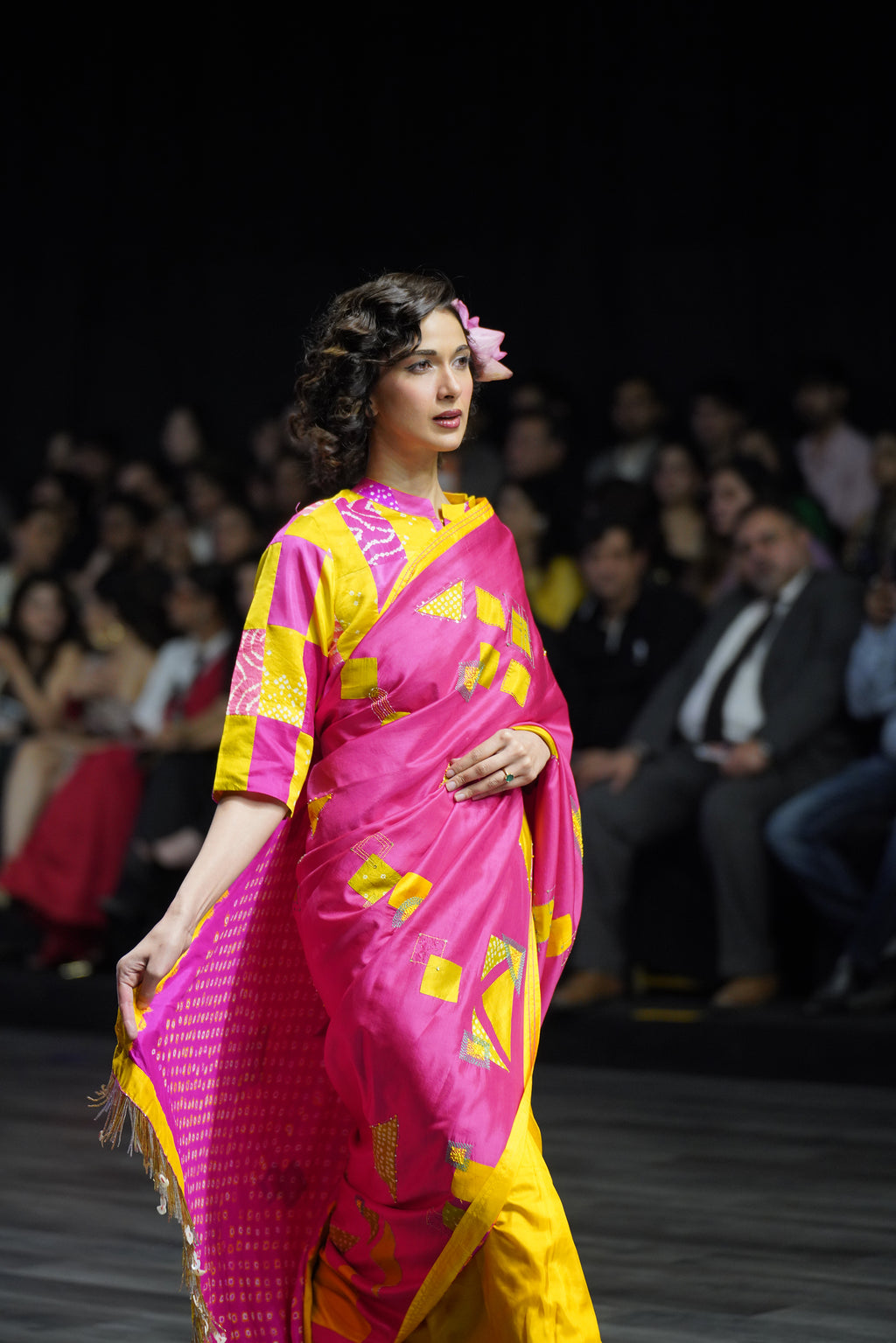 PINK - YELLOW WABI SABI EMBROIDERED SAREE WITH TASSELS