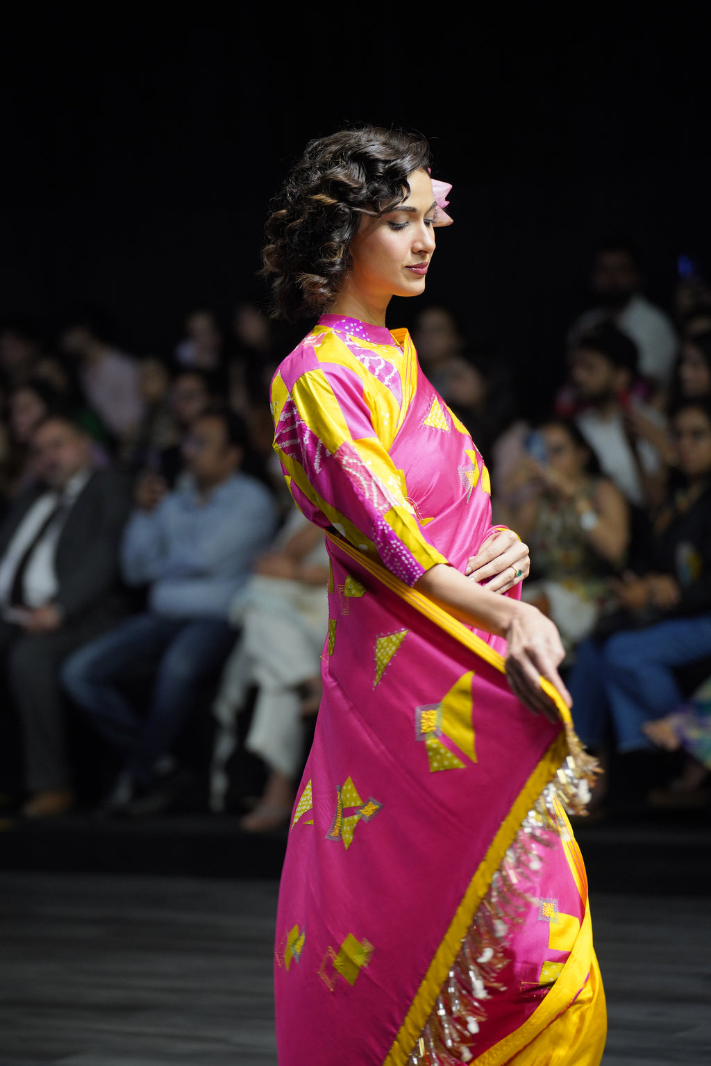 PINK - YELLOW WABI SABI EMBROIDERED SAREE WITH TASSELS