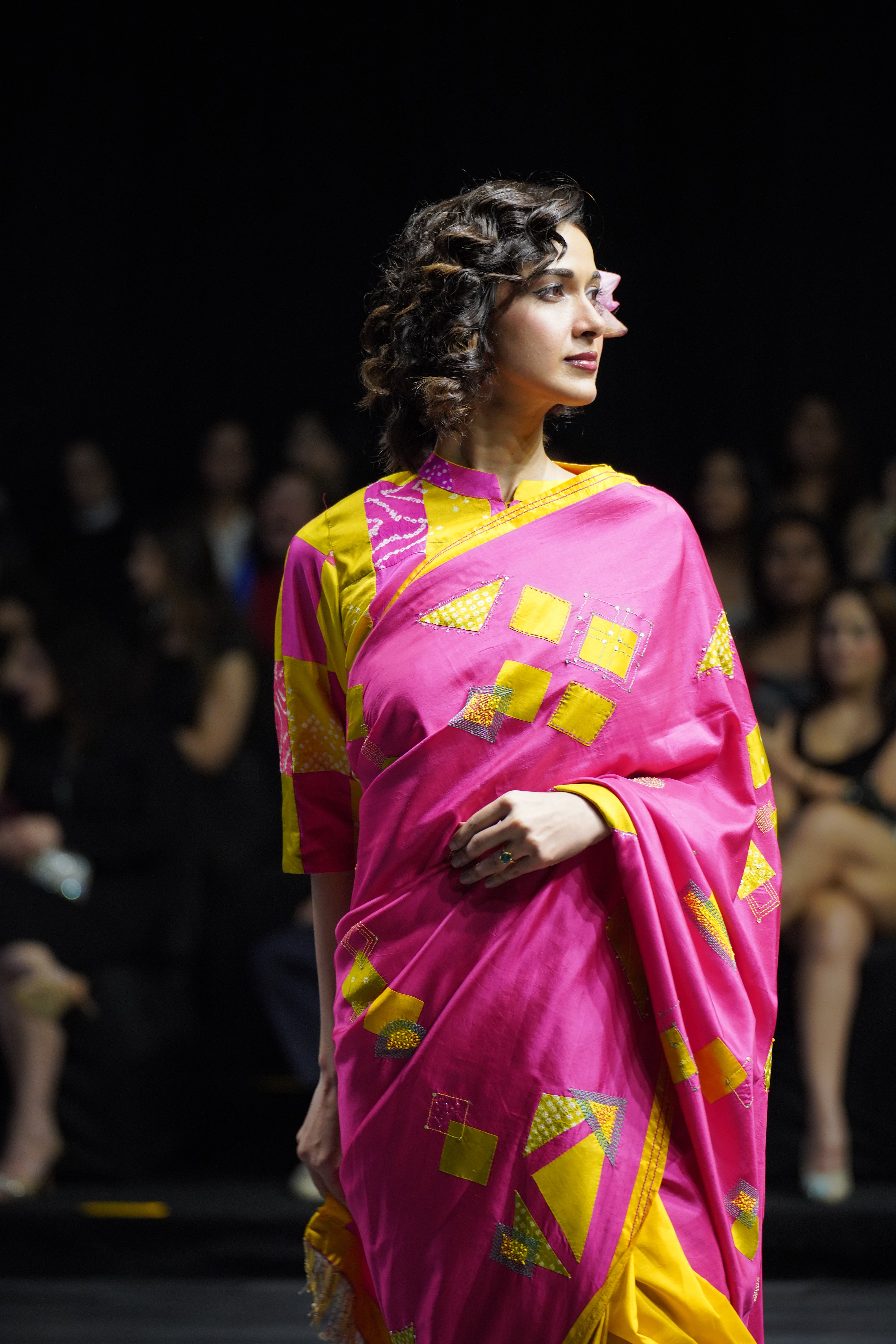 PINK - YELLOW WABI SABI EMBROIDERED SAREE WITH TASSELS