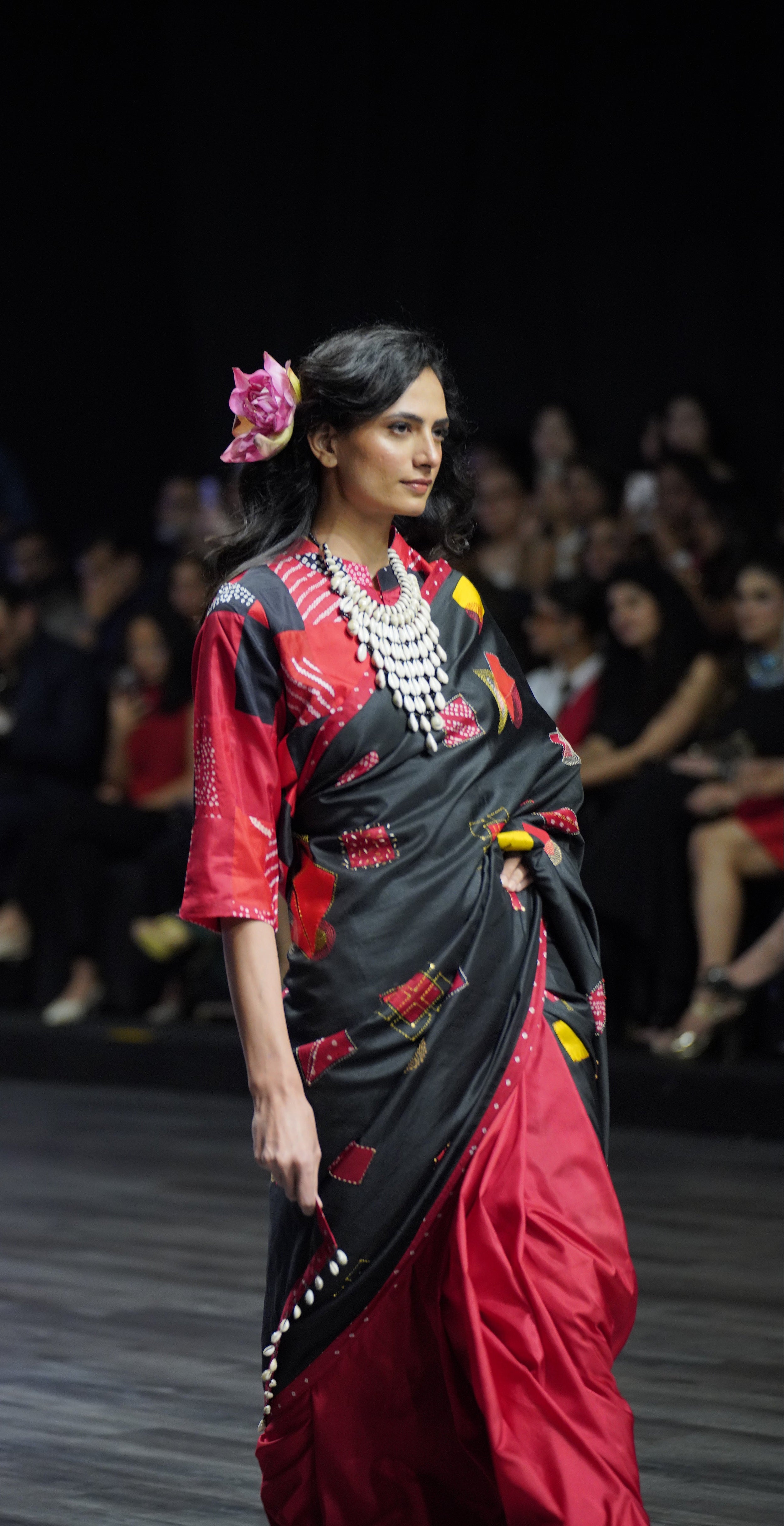 BLACK - RED WABI - SABI EMBROIDERED SAREE WITH TASSELS