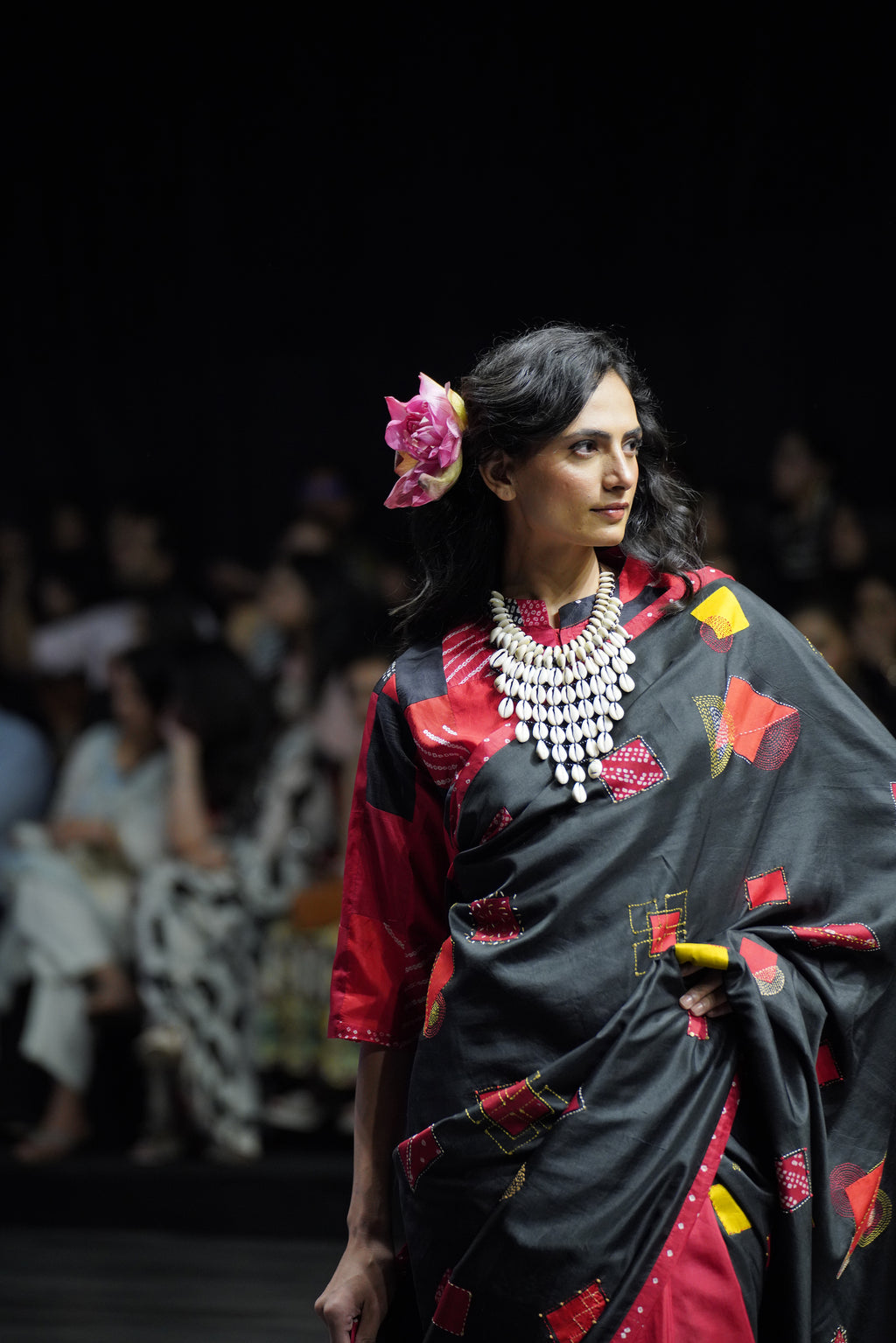 BLACK - RED WABI - SABI EMBROIDERED SAREE WITH TASSELS