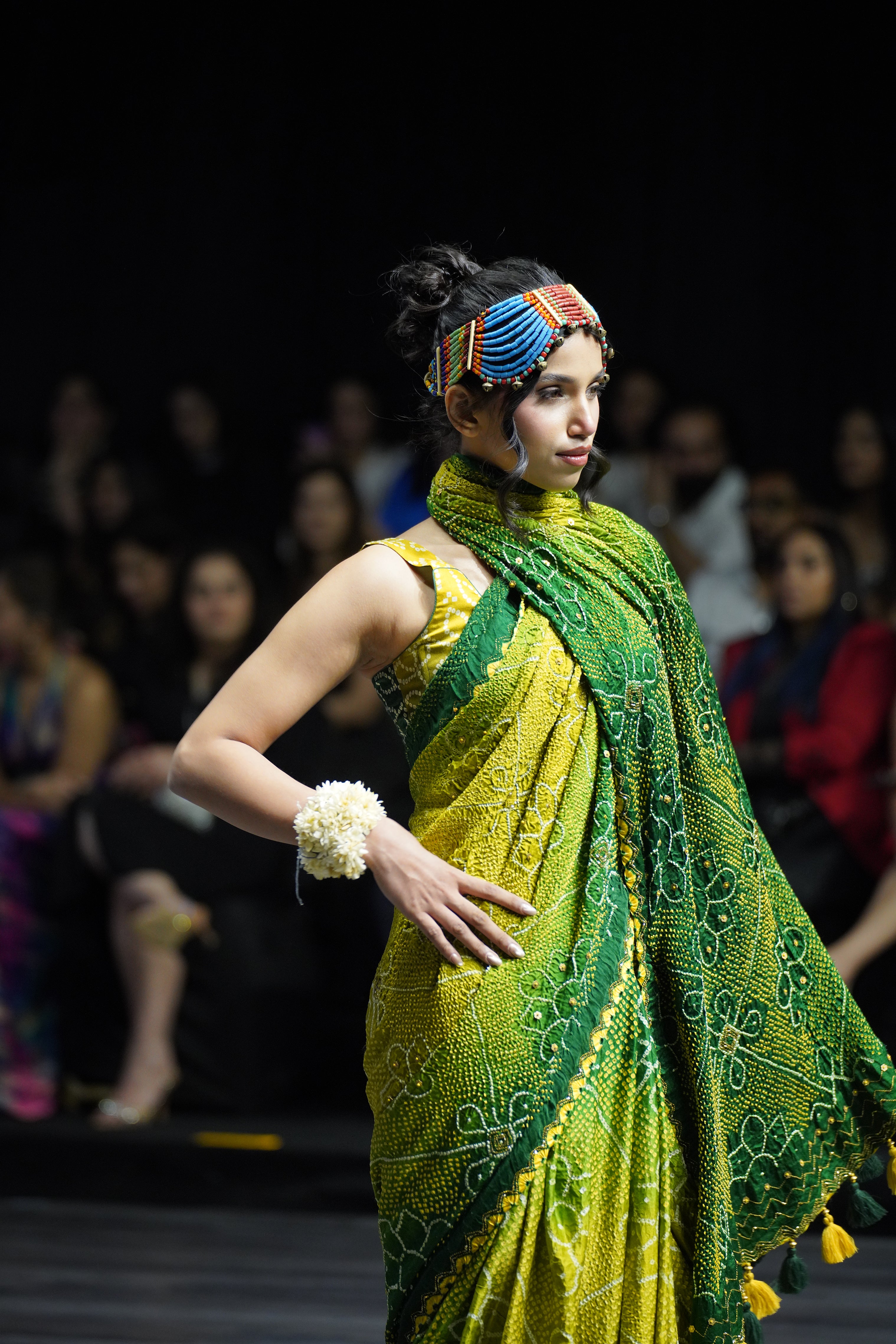 GREEN POPPY FLOWER SILK BANDHANI EMBROIDERED SAREE WITH TASSELS