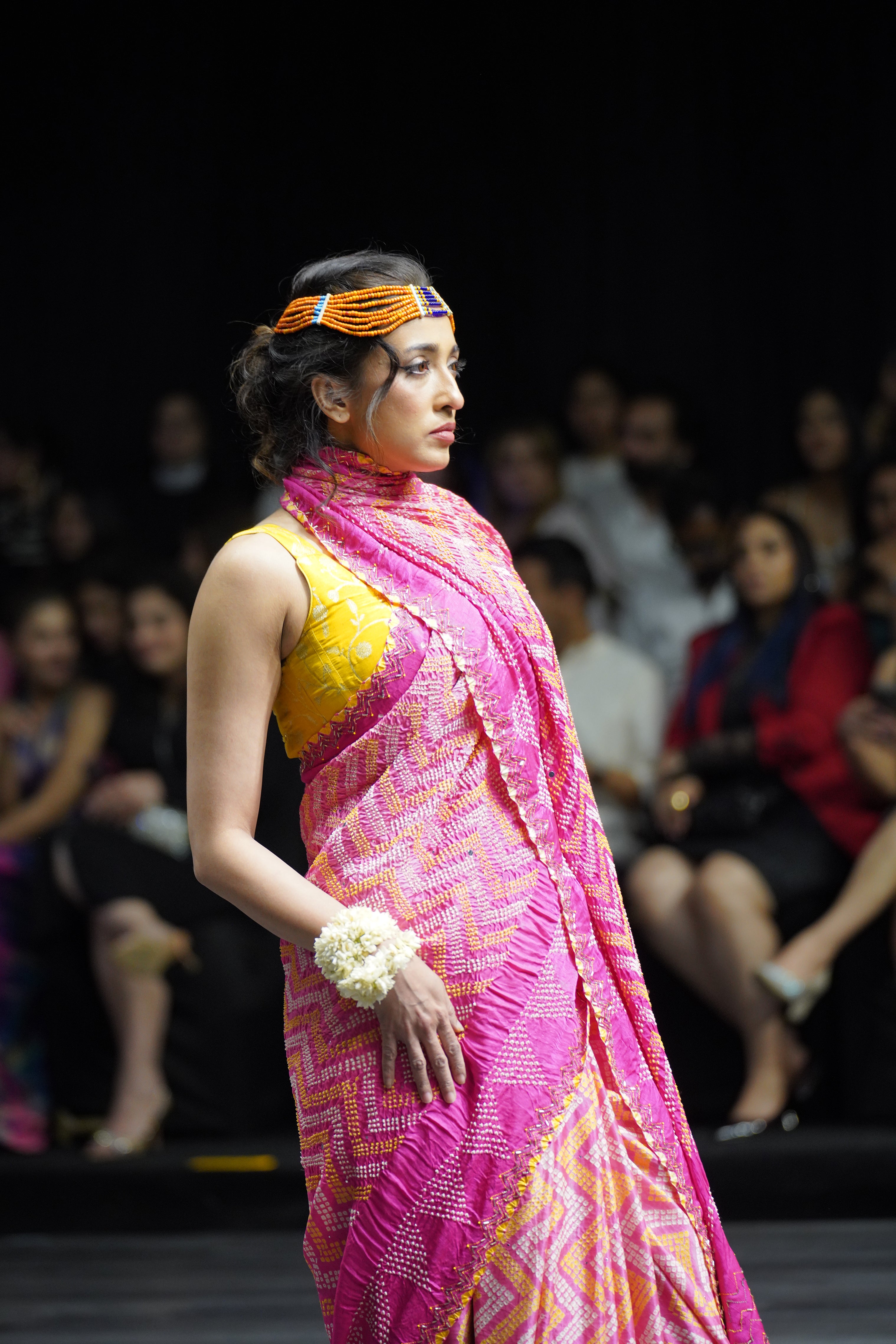 PINK CHEVRON EMBROIDERED SILK BANDHANI SAREE WITH TASSELS