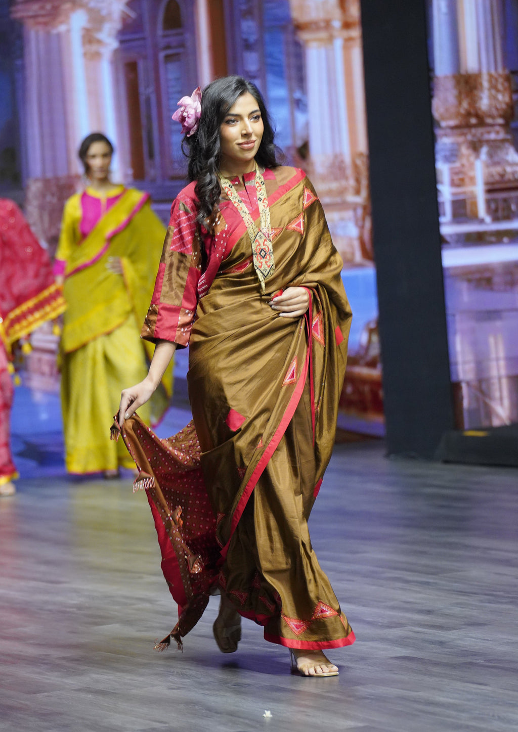 RED-BROWN WABI - SABI  EMBROIDERED SAREE WITH TASSELS