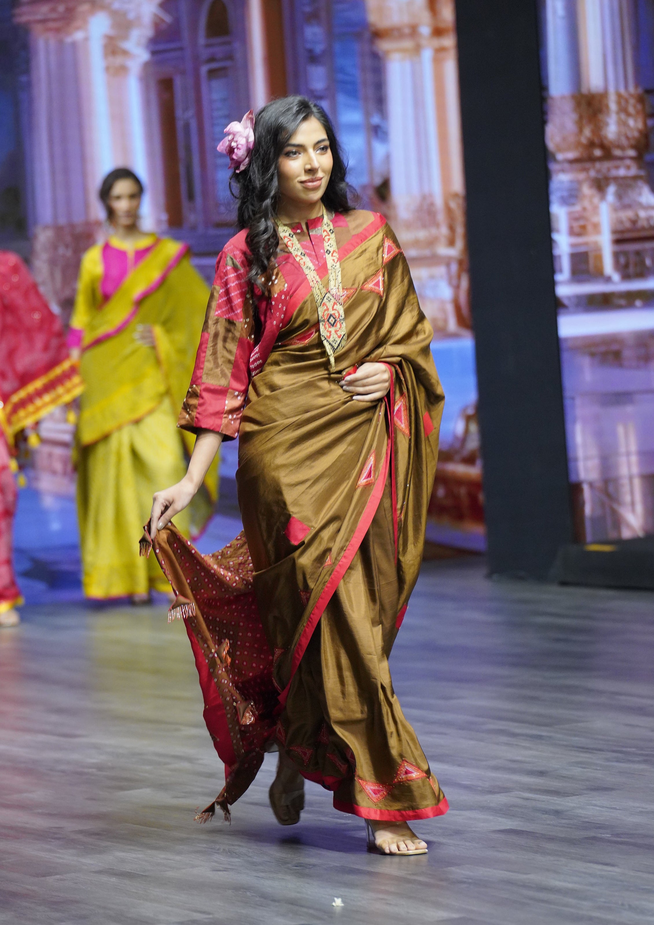 RED-BROWN WABI - SABI  EMBROIDERED SAREE WITH TASSELS