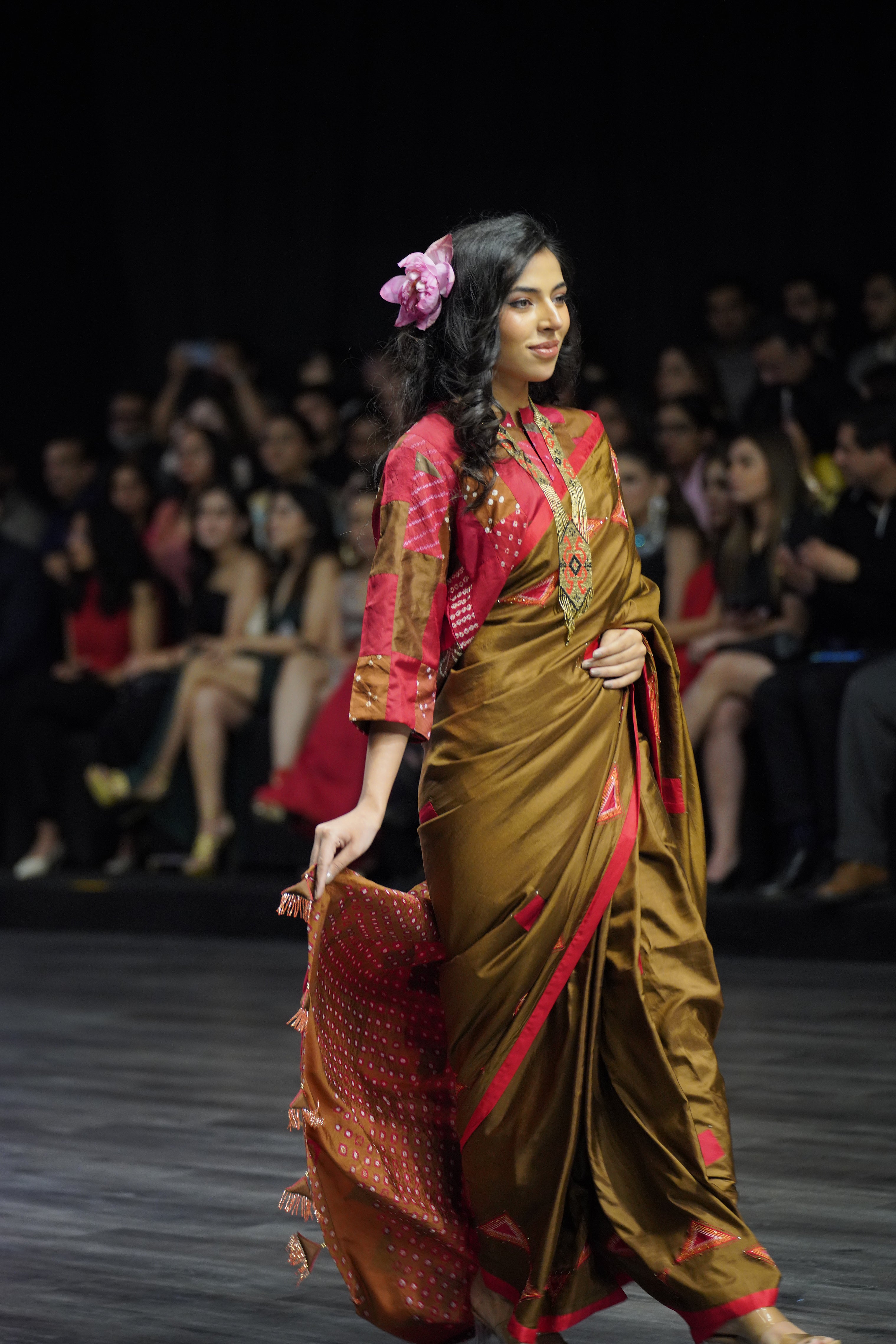 RED-BROWN WABI - SABI  EMBROIDERED SAREE WITH TASSELS