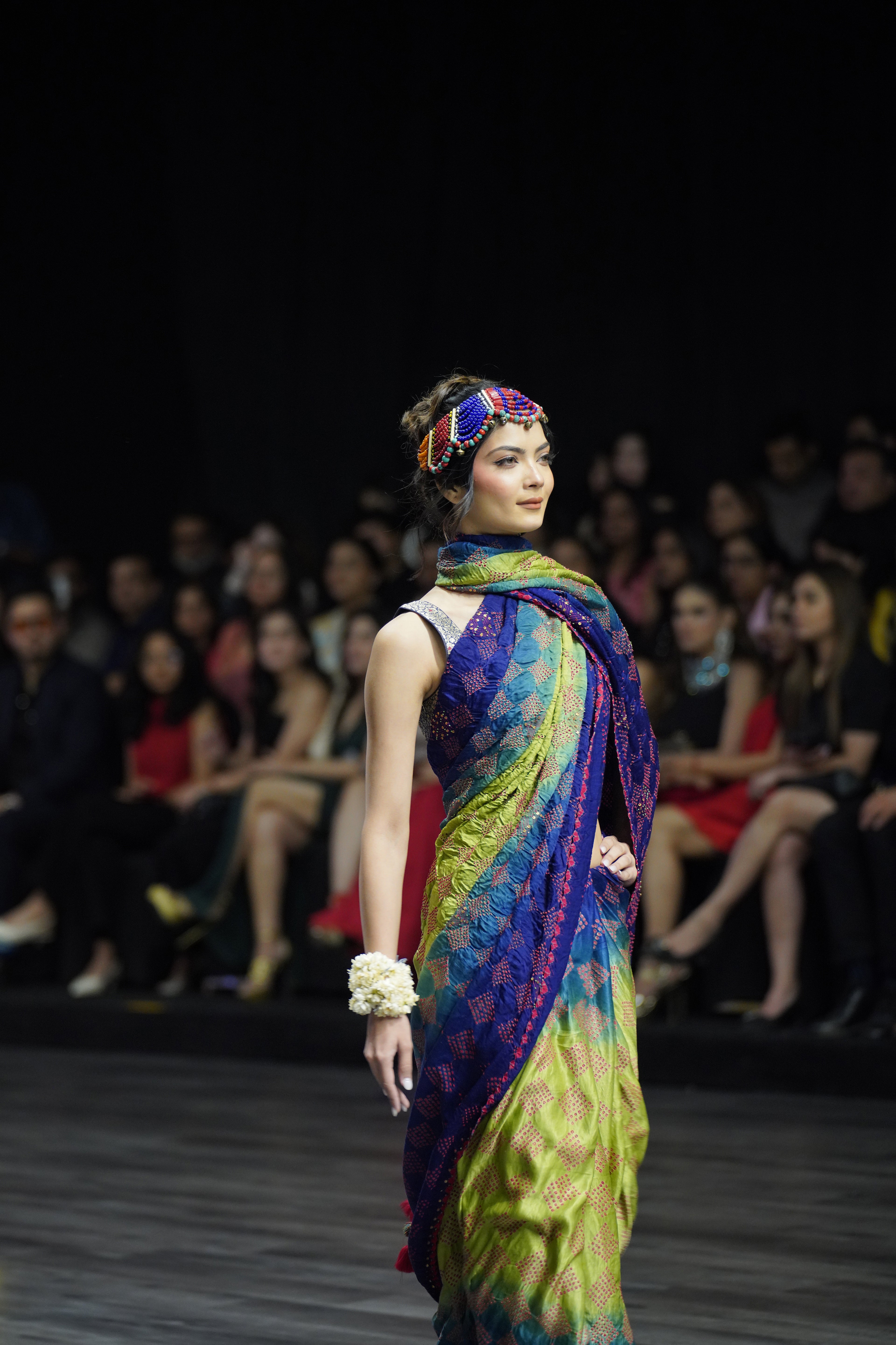 BLUE - GREEN SQUARE EMBROIDERED SILK BANDHANI WITH TASSELS