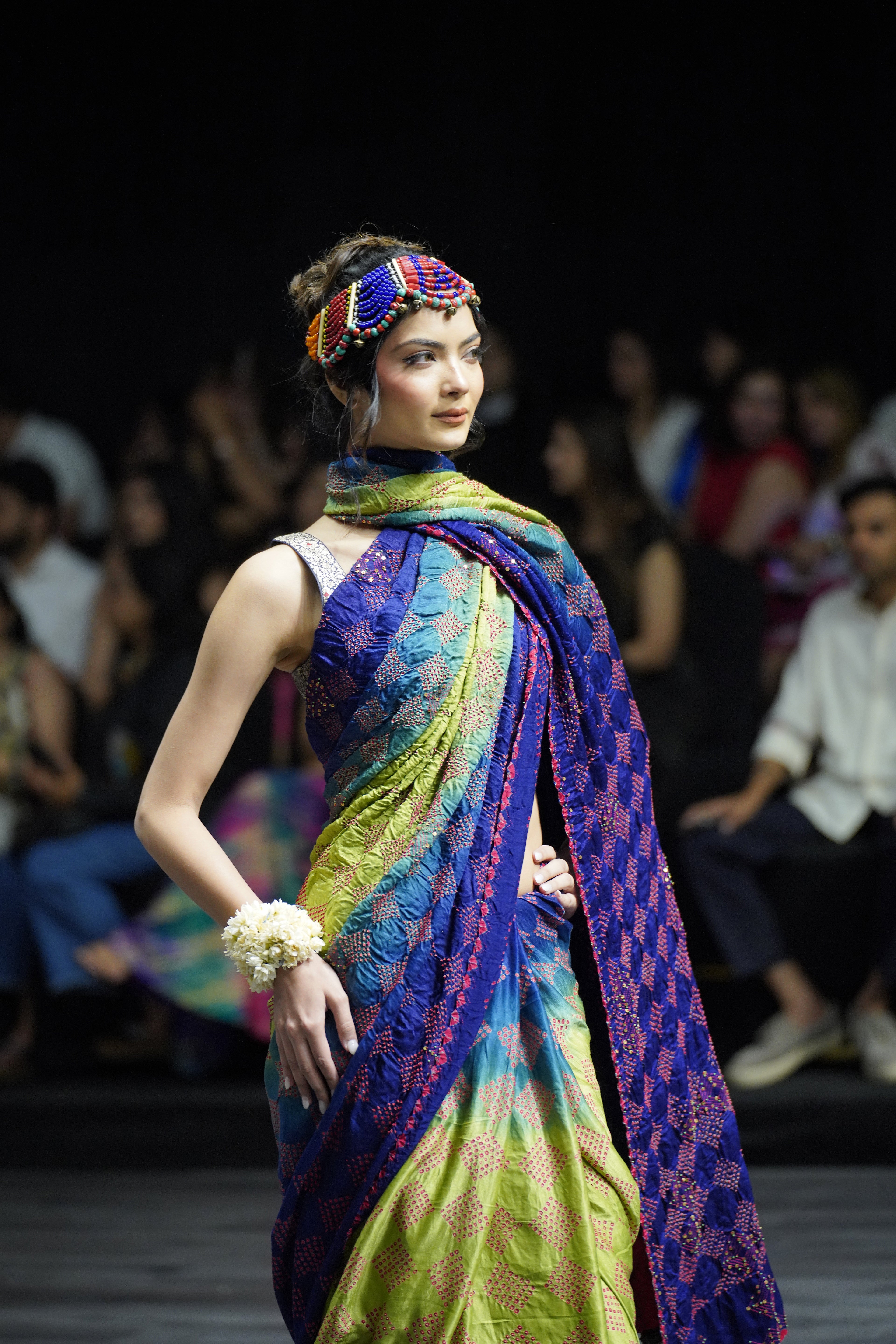BLUE - GREEN SQUARE EMBROIDERED SILK BANDHANI WITH TASSELS