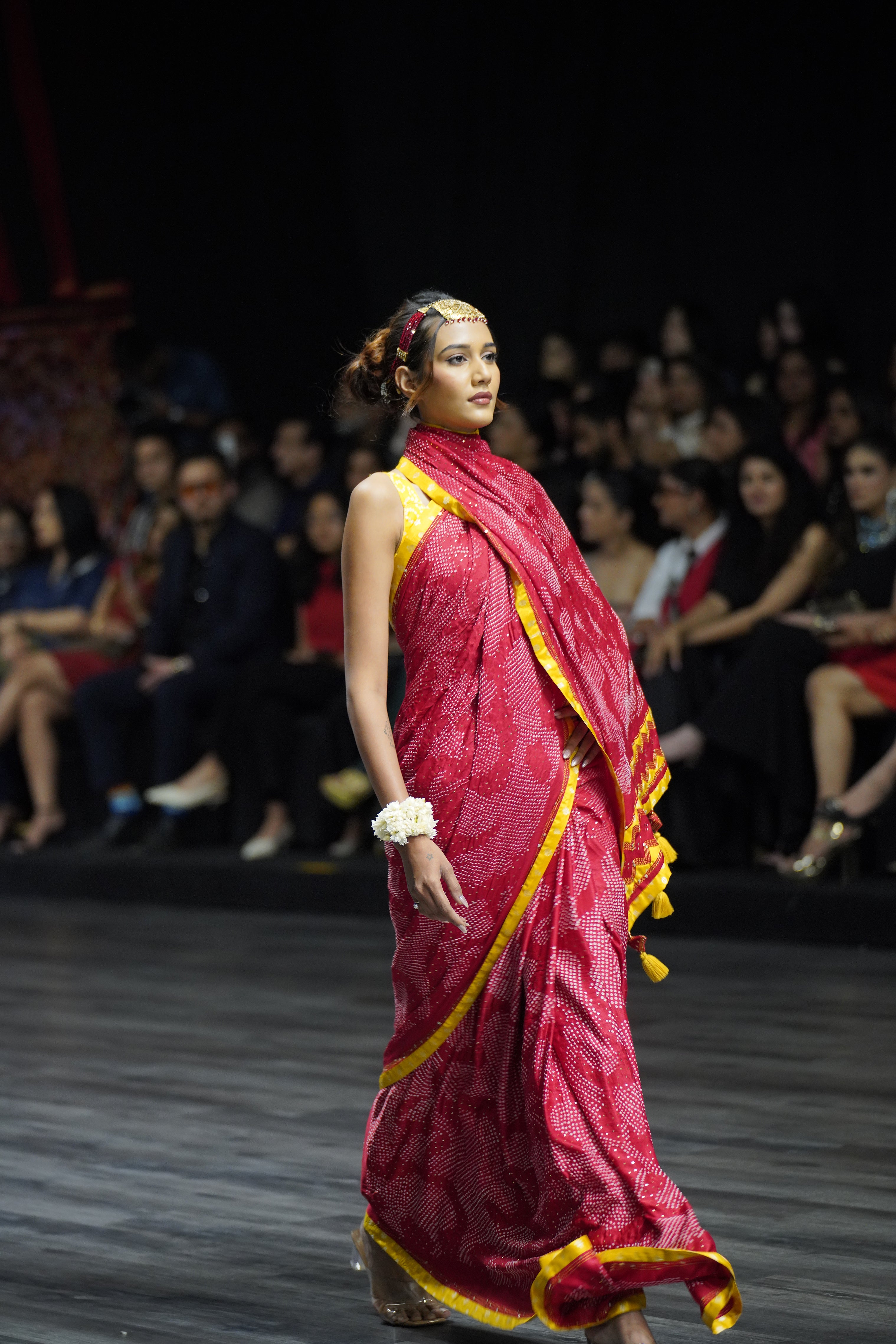 RED APPLIQUE EMBROIDERED SILK BANDHANI SAREE WITH TASSELS