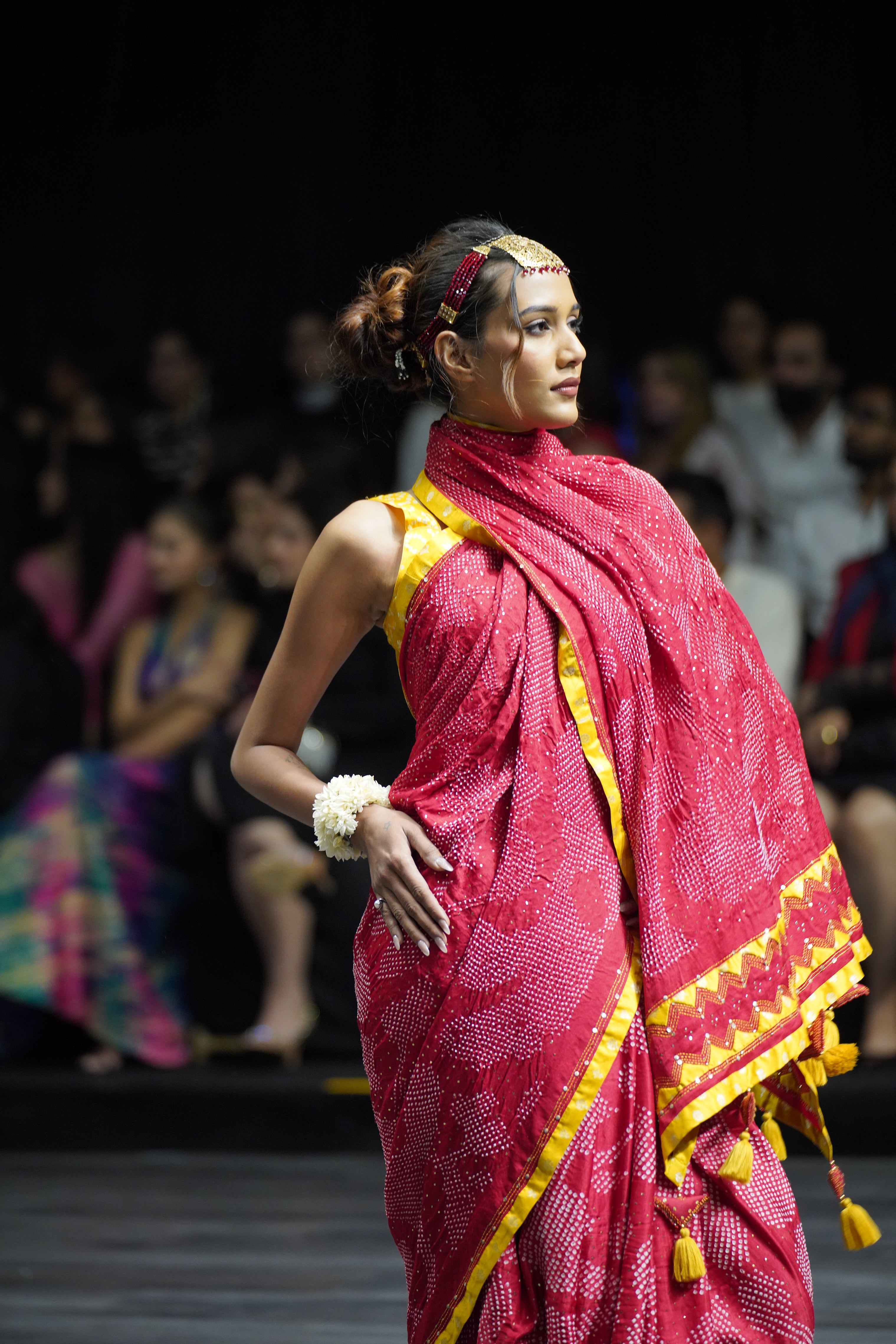 RED APPLIQUE EMBROIDERED SILK BANDHANI SAREE WITH TASSELS