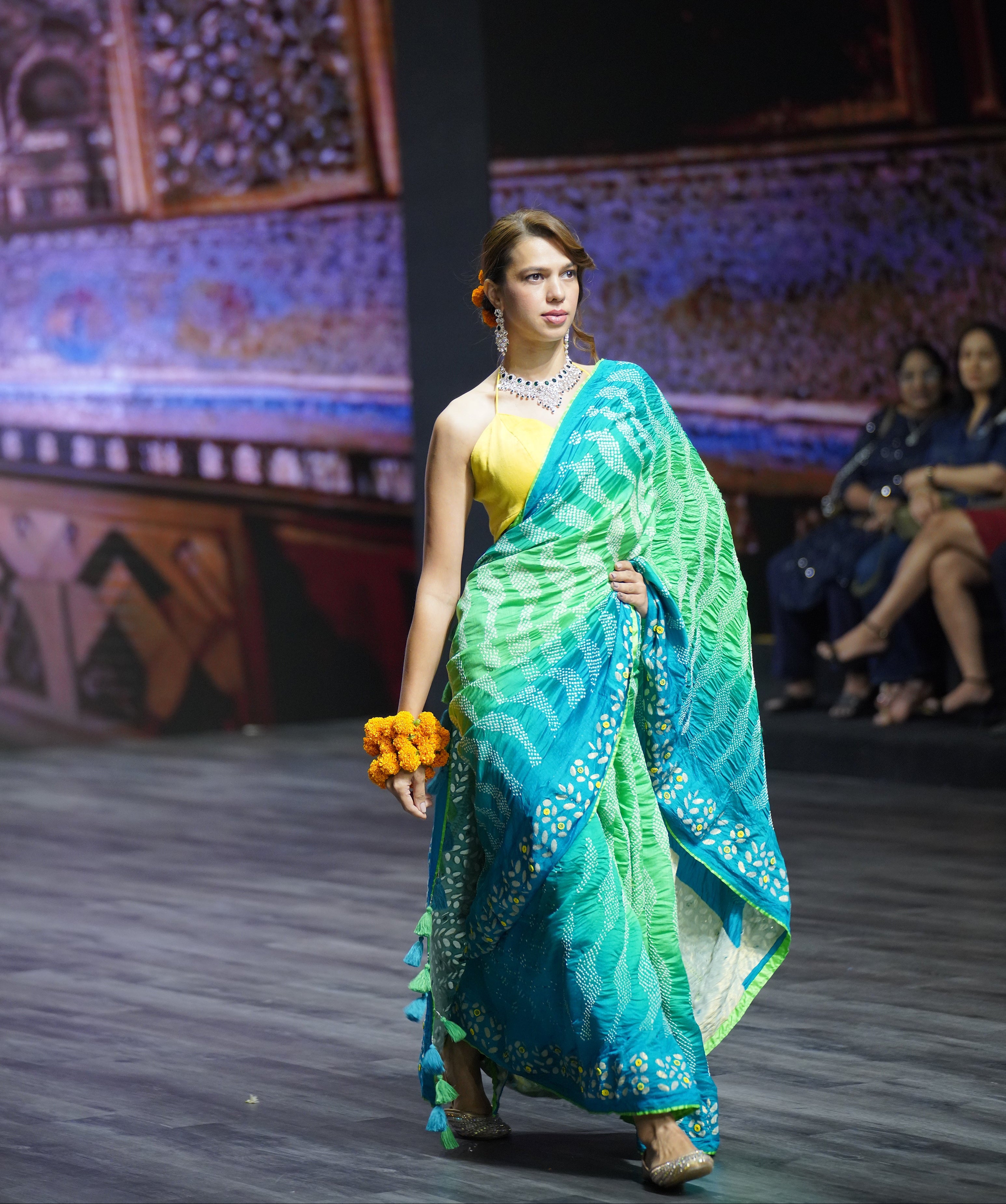LIGHT BLUE - GREEN G14 APPLIQUE SILK BANDHANI EMBROIDERED SAREE WITH TASSELS