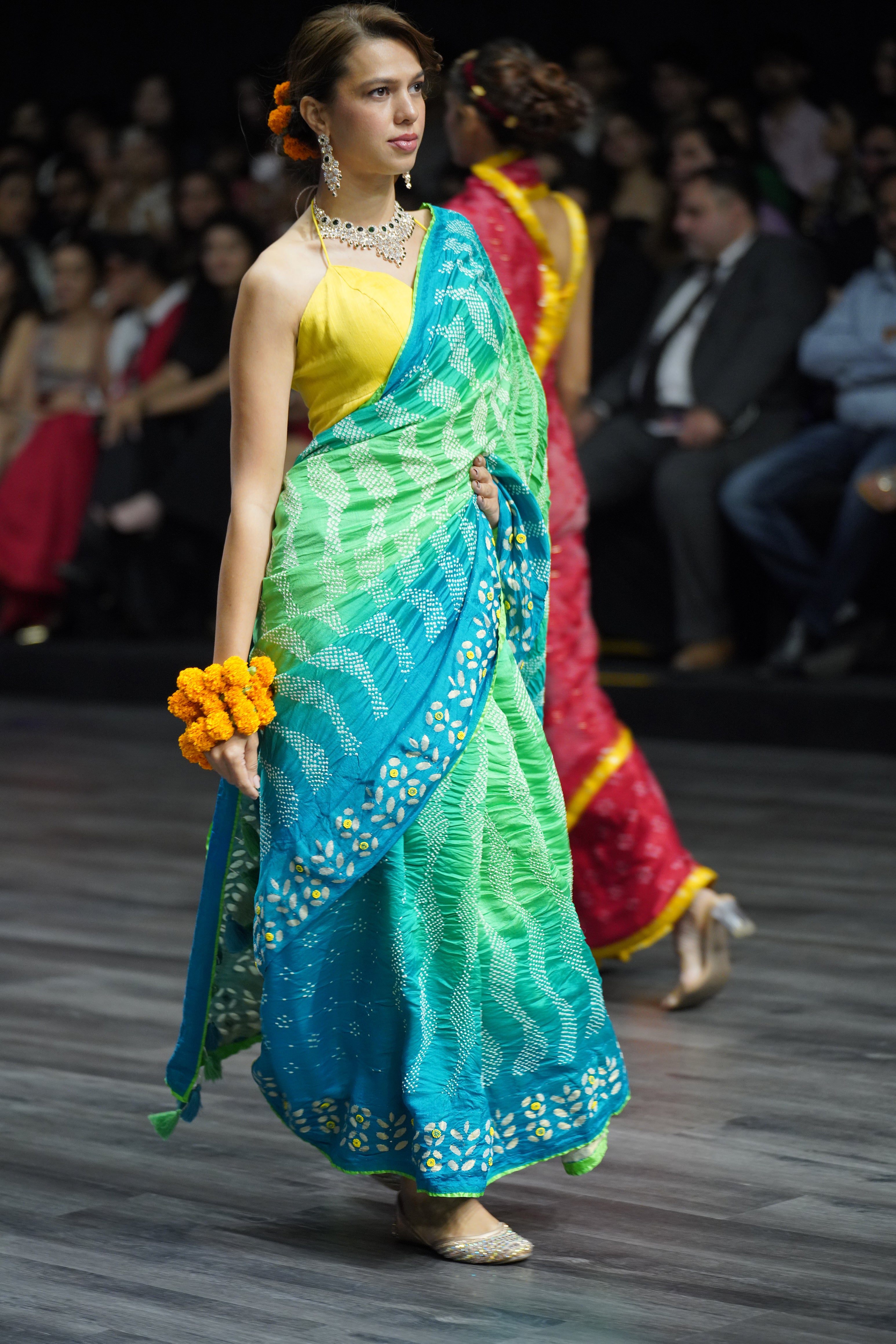 LIGHT BLUE - GREEN G14 APPLIQUE SILK BANDHANI EMBROIDERED SAREE WITH TASSELS