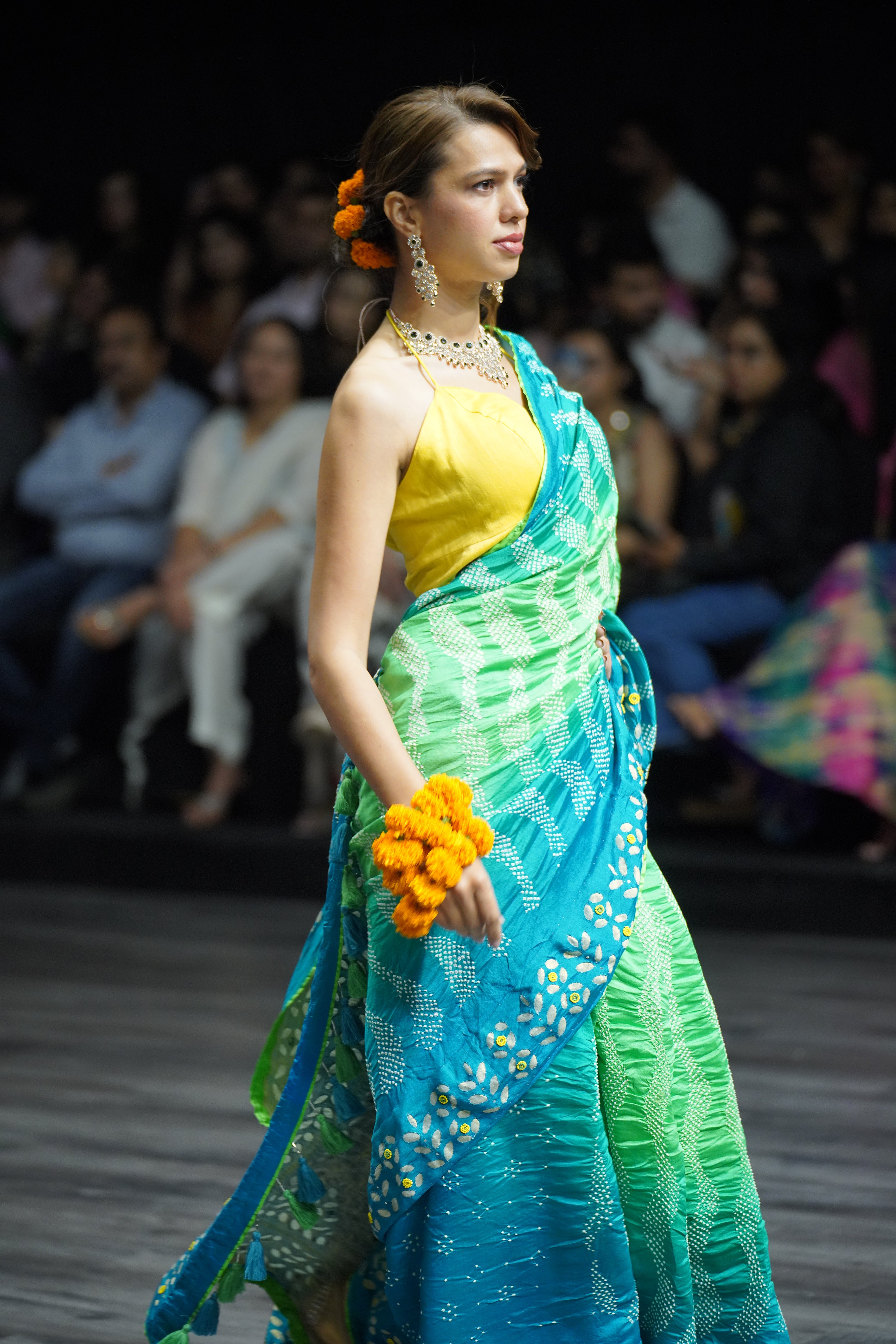 LIGHT BLUE - GREEN G14 APPLIQUE SILK BANDHANI EMBROIDERED SAREE WITH TASSELS