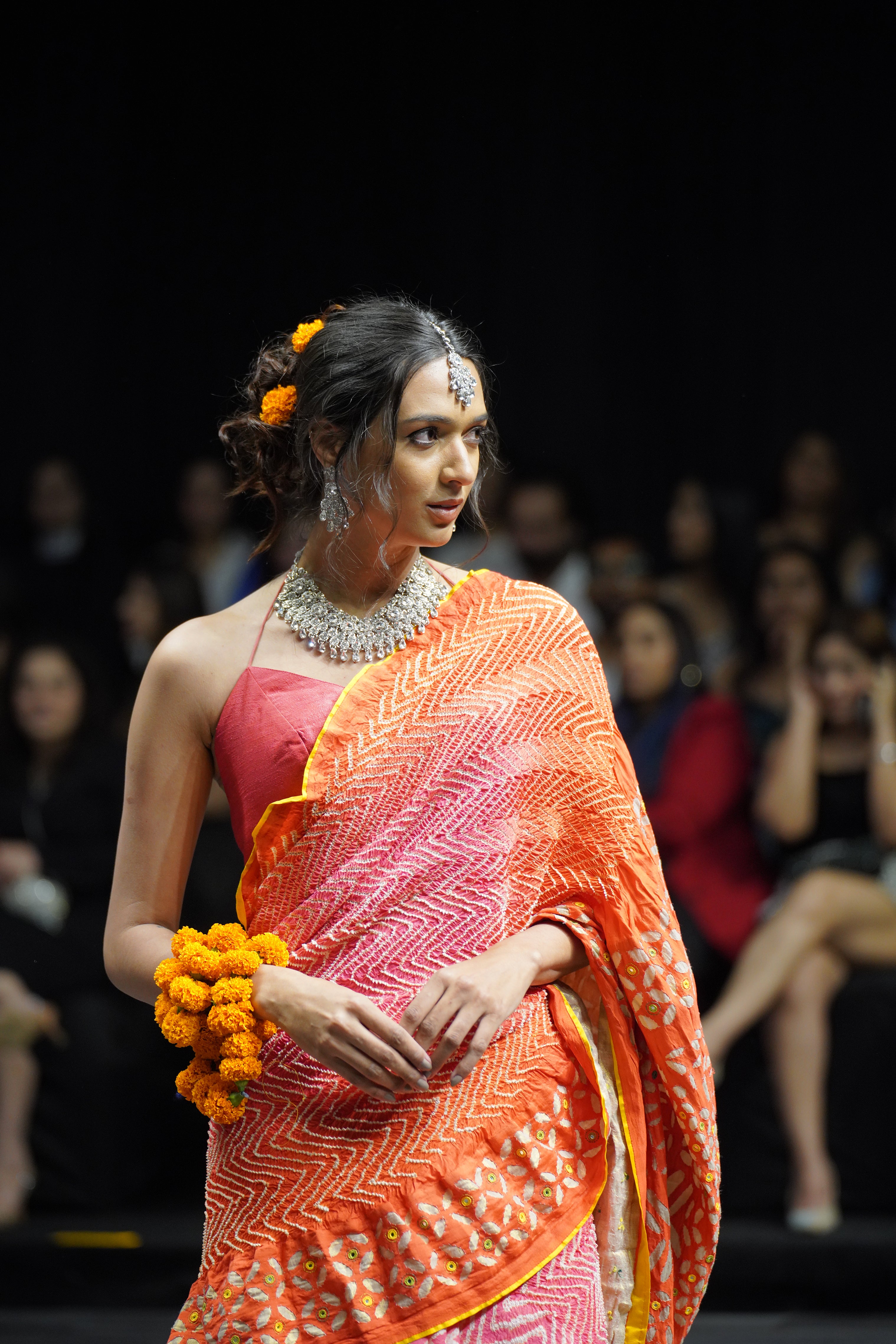 PINK - ORANGE APPLIQUE EMBROIDERED SILK BANDHANI SAREE WITH TASSELS