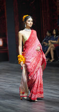 LIGHT PINK - RED APPLIQUE EMBROIDERED SILK BANDHANI SAREE WITH TASSELS