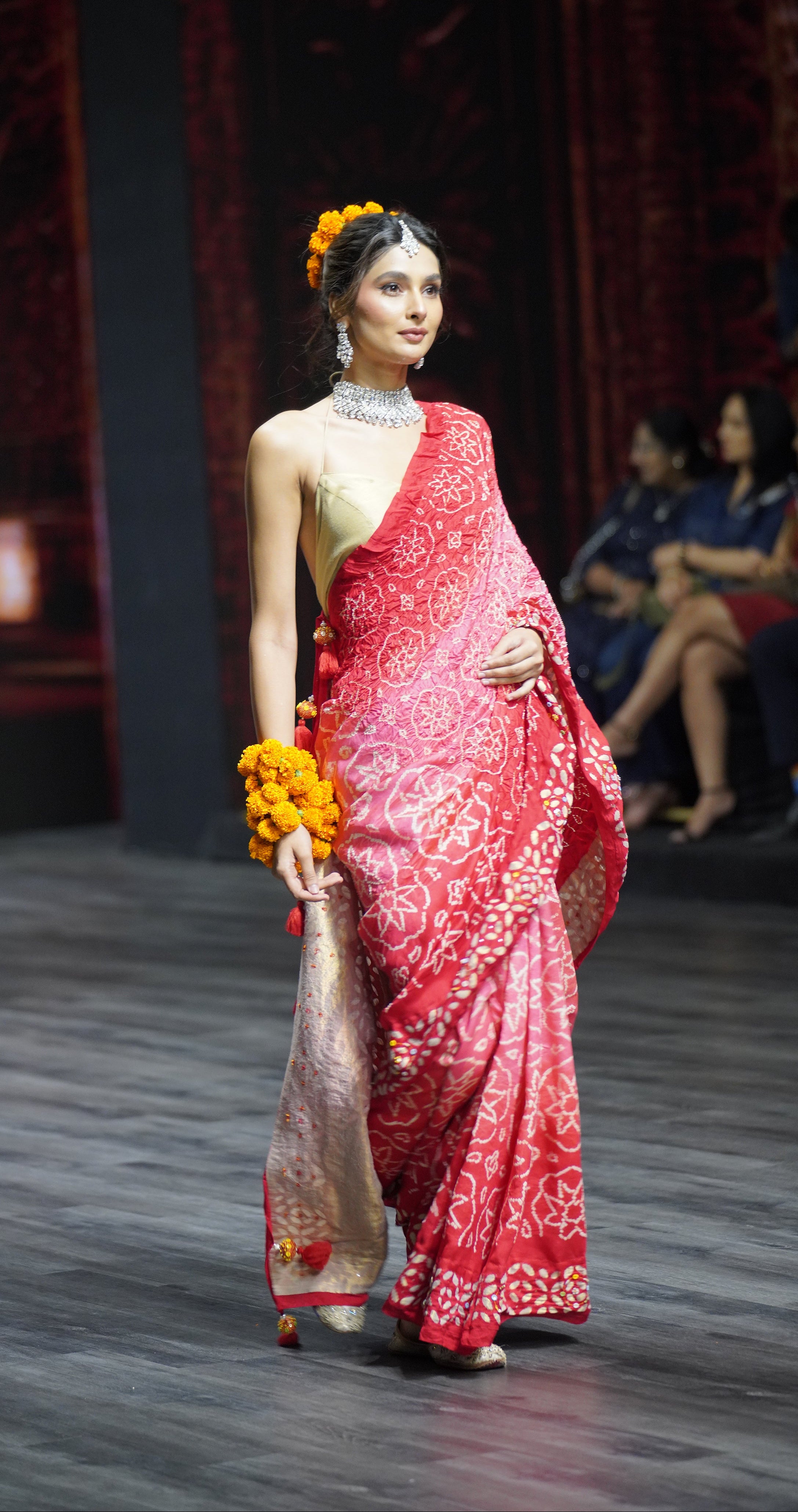 LIGHT PINK - RED APPLIQUE EMBROIDERED SILK BANDHANI SAREE WITH TASSELS