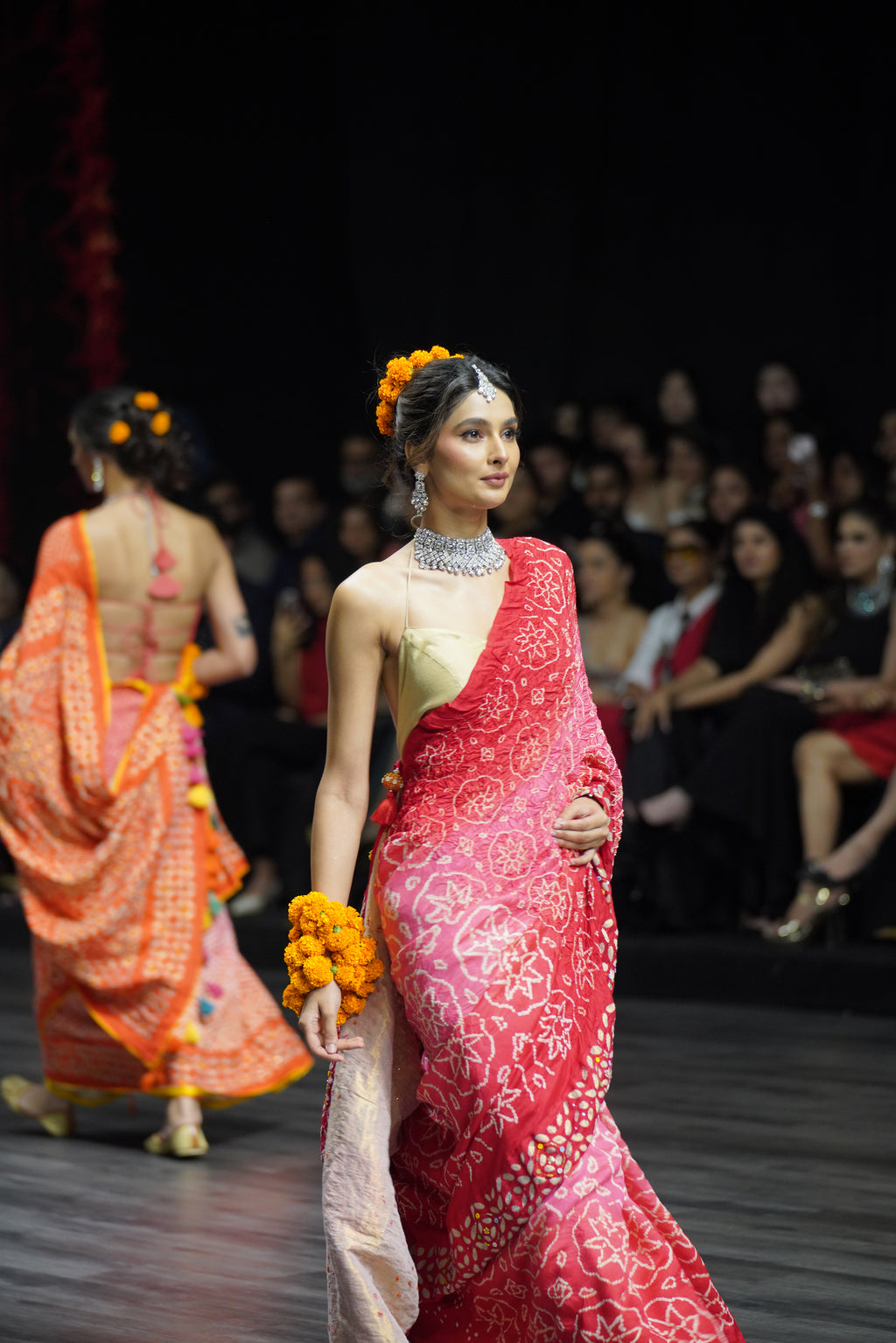 LIGHT PINK - RED APPLIQUE EMBROIDERED SILK BANDHANI SAREE WITH TASSELS