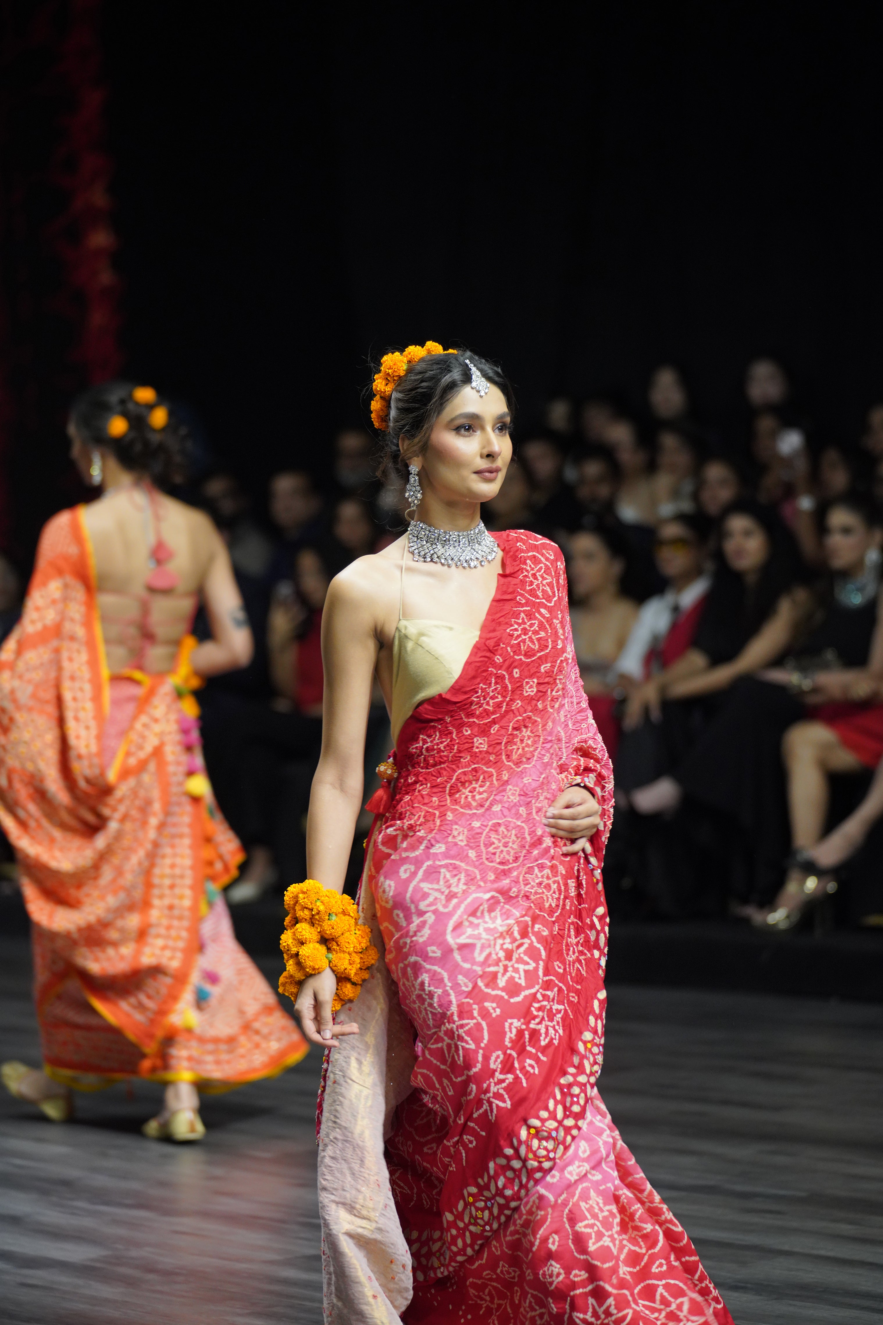 LIGHT PINK - RED APPLIQUE EMBROIDERED SILK BANDHANI SAREE WITH TASSELS