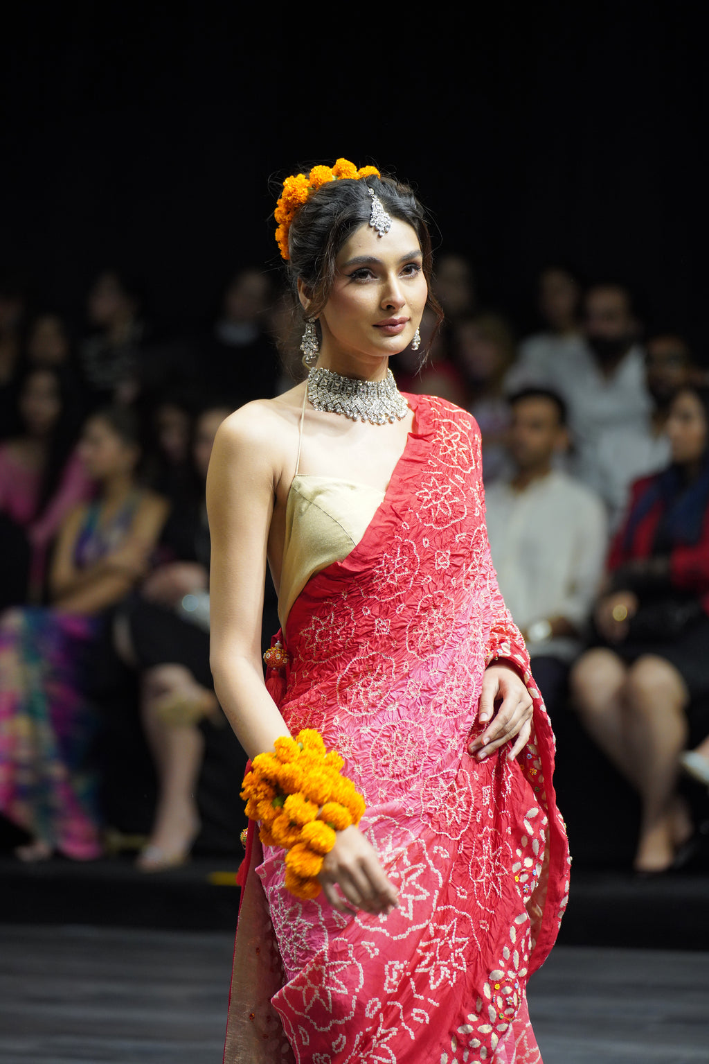 LIGHT PINK - RED APPLIQUE EMBROIDERED SILK BANDHANI SAREE WITH TASSELS