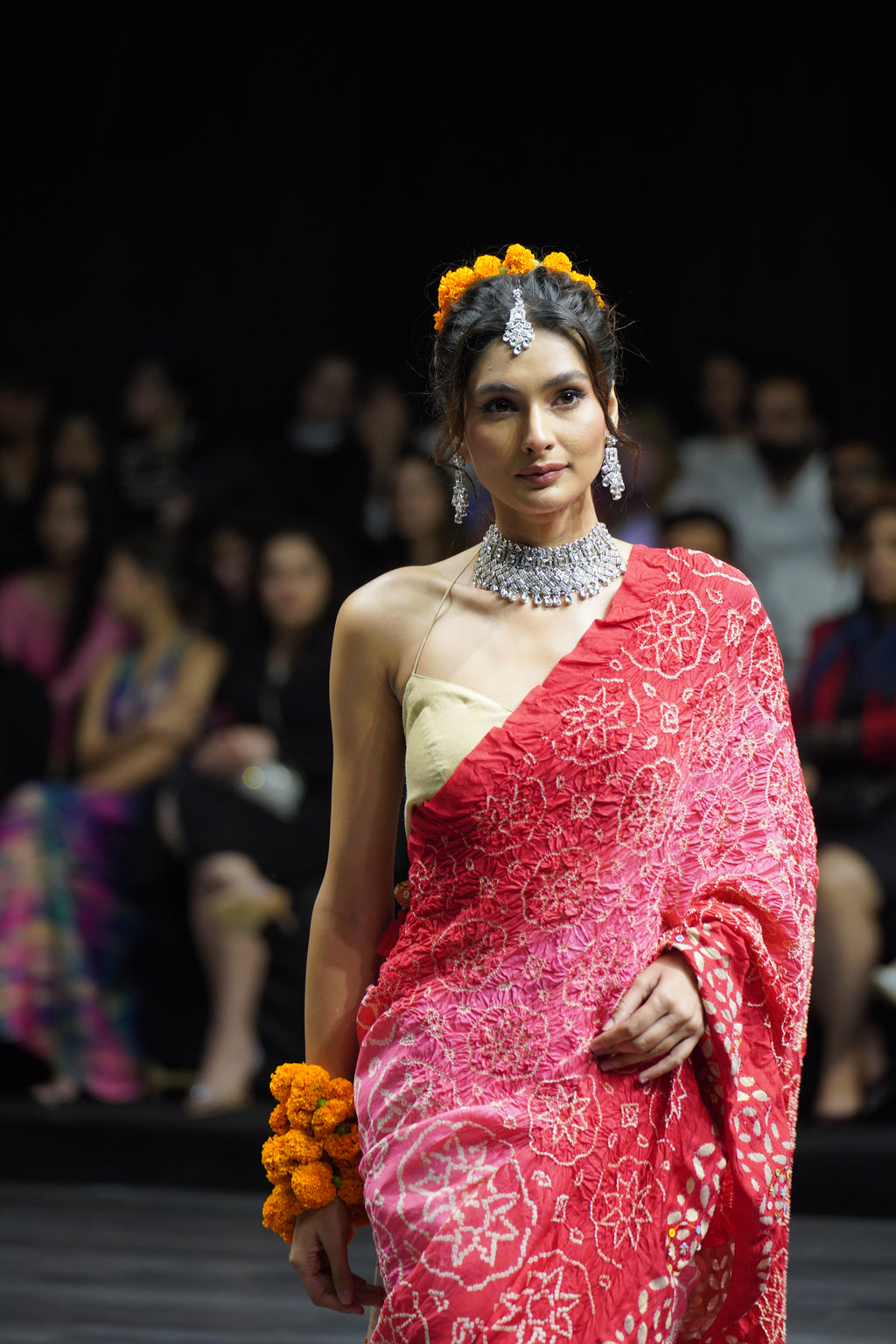 LIGHT PINK - RED APPLIQUE EMBROIDERED SILK BANDHANI SAREE WITH TASSELS