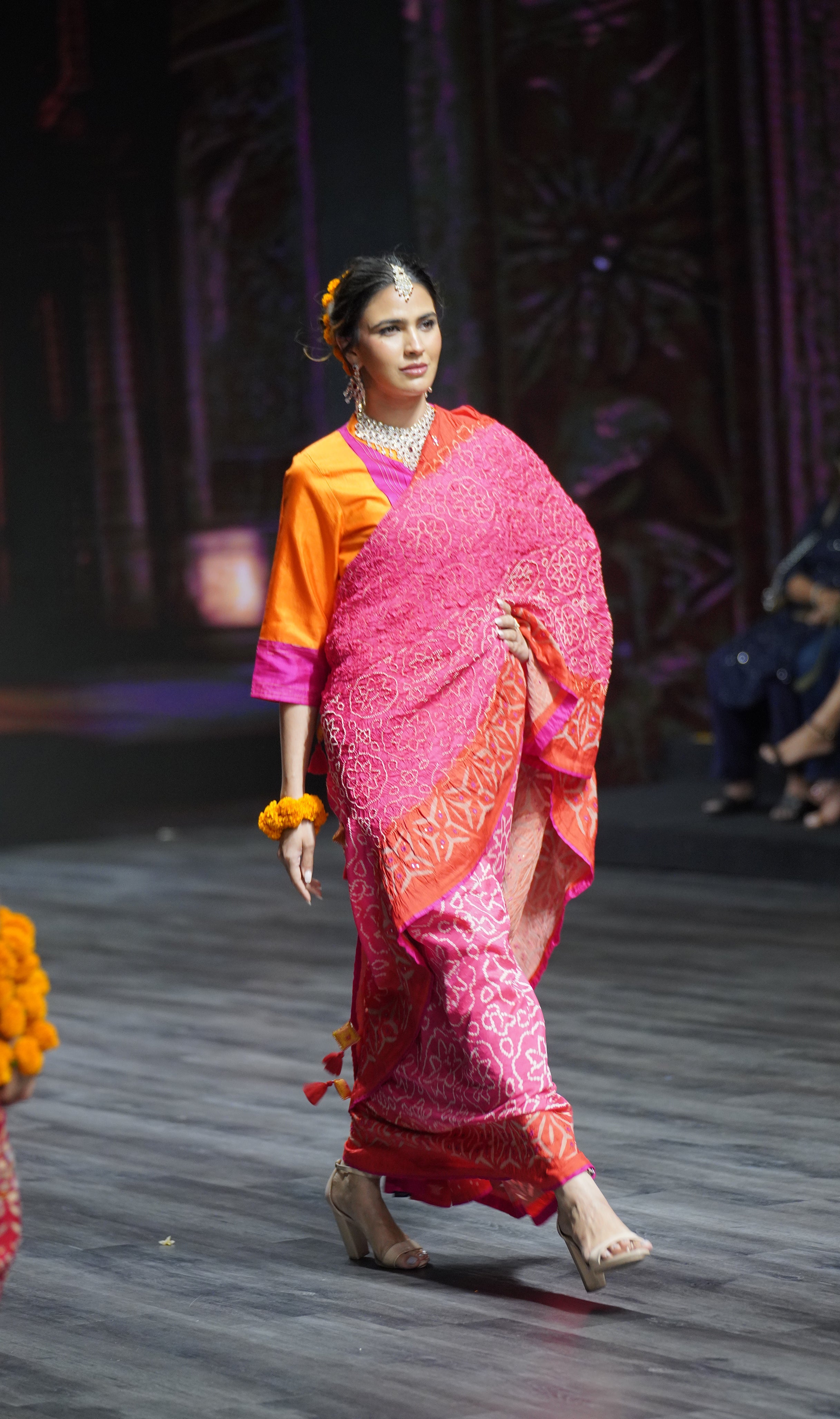 PINK - ORANGE APPLIQUE EMBROIDERED SILK BANDHANI SAREE WITH TASSELS