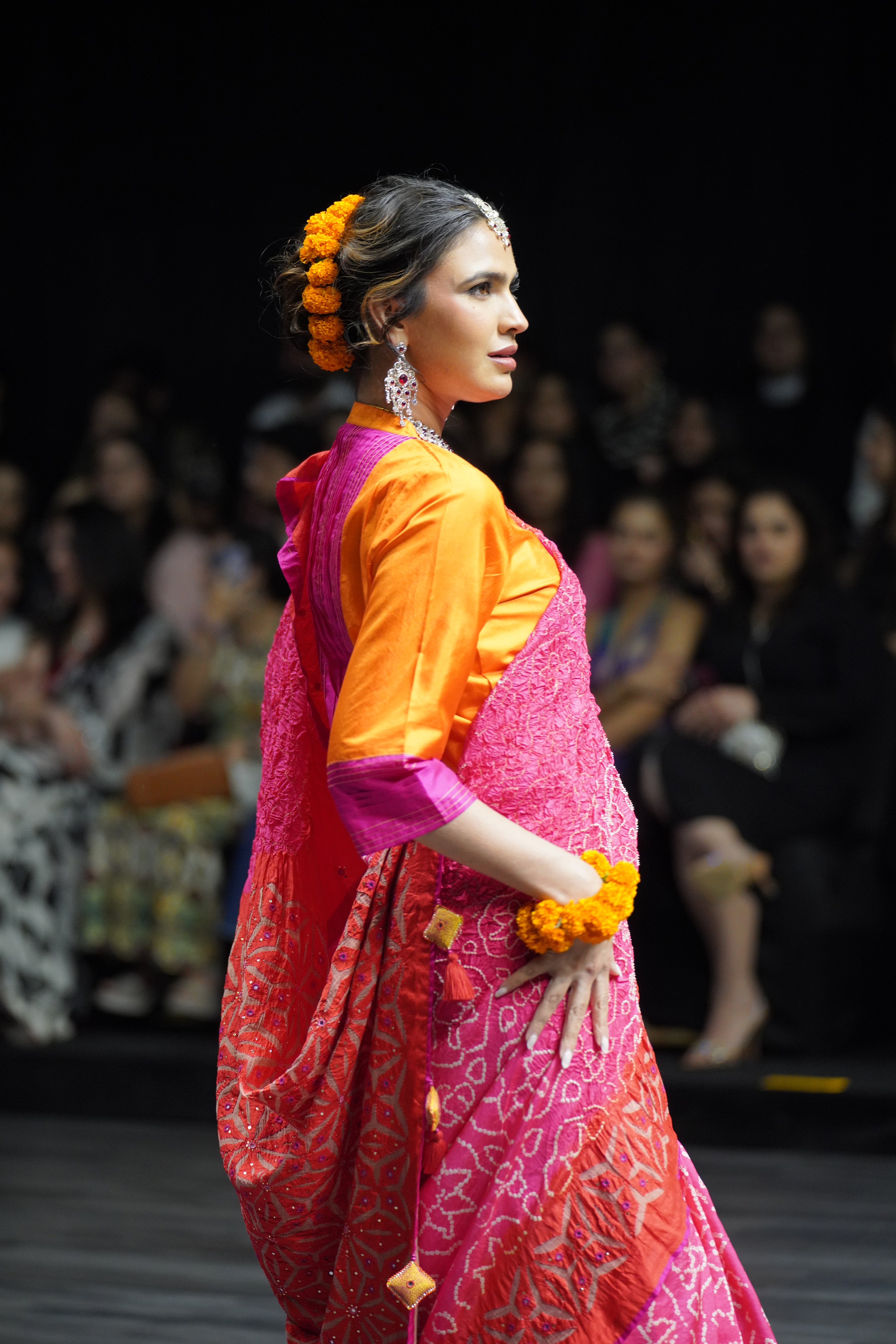 PINK - ORANGE APPLIQUE EMBROIDERED SILK BANDHANI SAREE WITH TASSELS