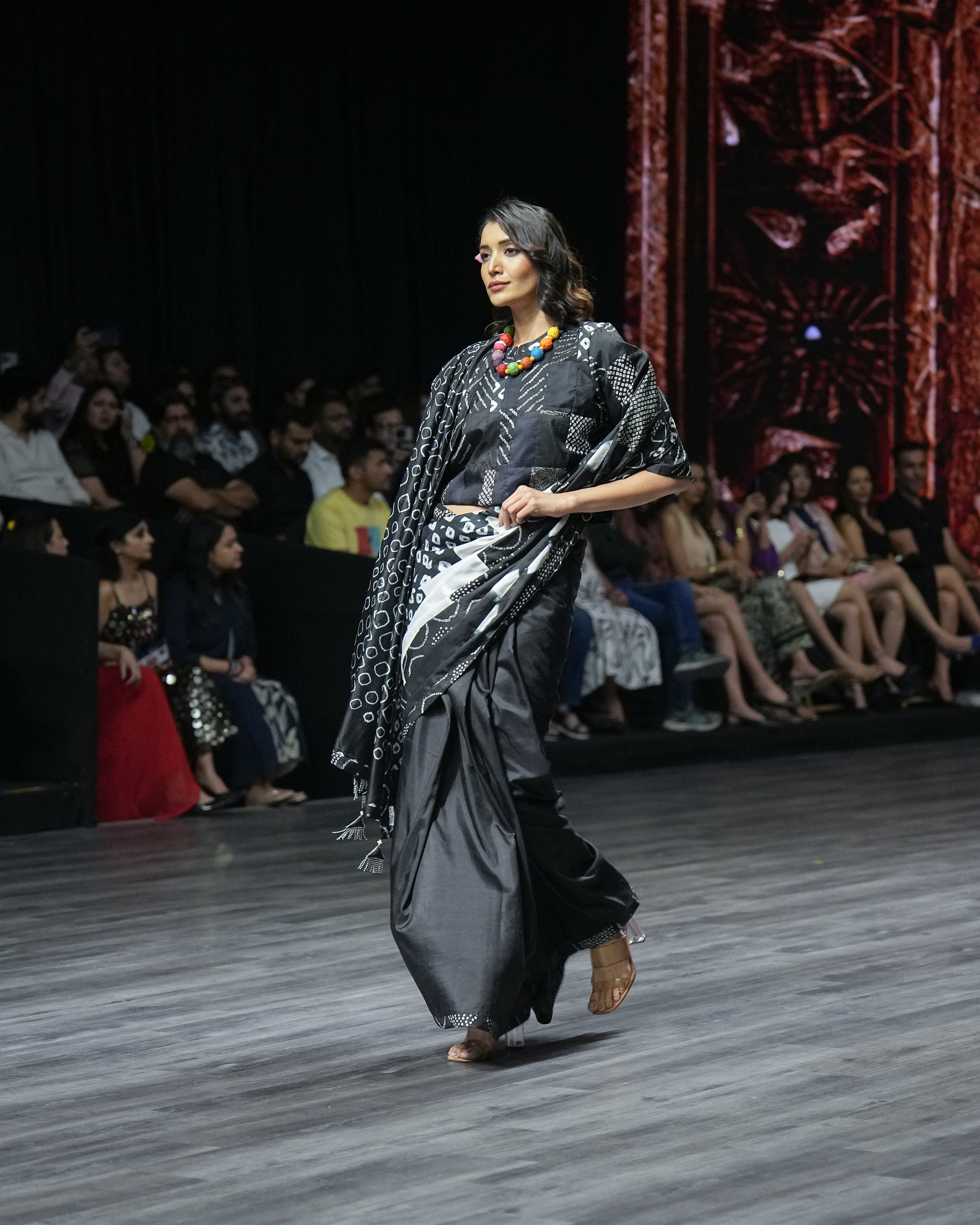 WHITE - BLACK REVERSIBLE PATCHWORK SAREE WITH TASSELS