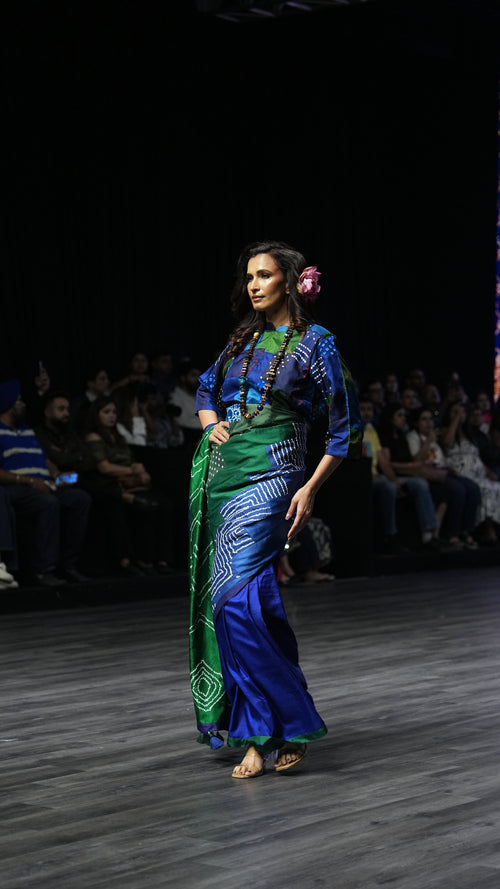 BLUE - GREEN REVERSIBLE PATCHWORK SAREE WITH TASSELS/