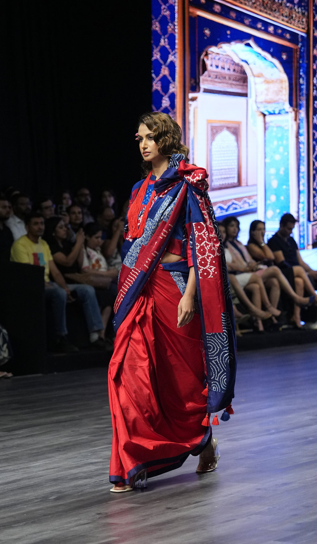 BLUE - RED REVERSIBLE PATCHWORK SILK SAREE WITH TASSELS