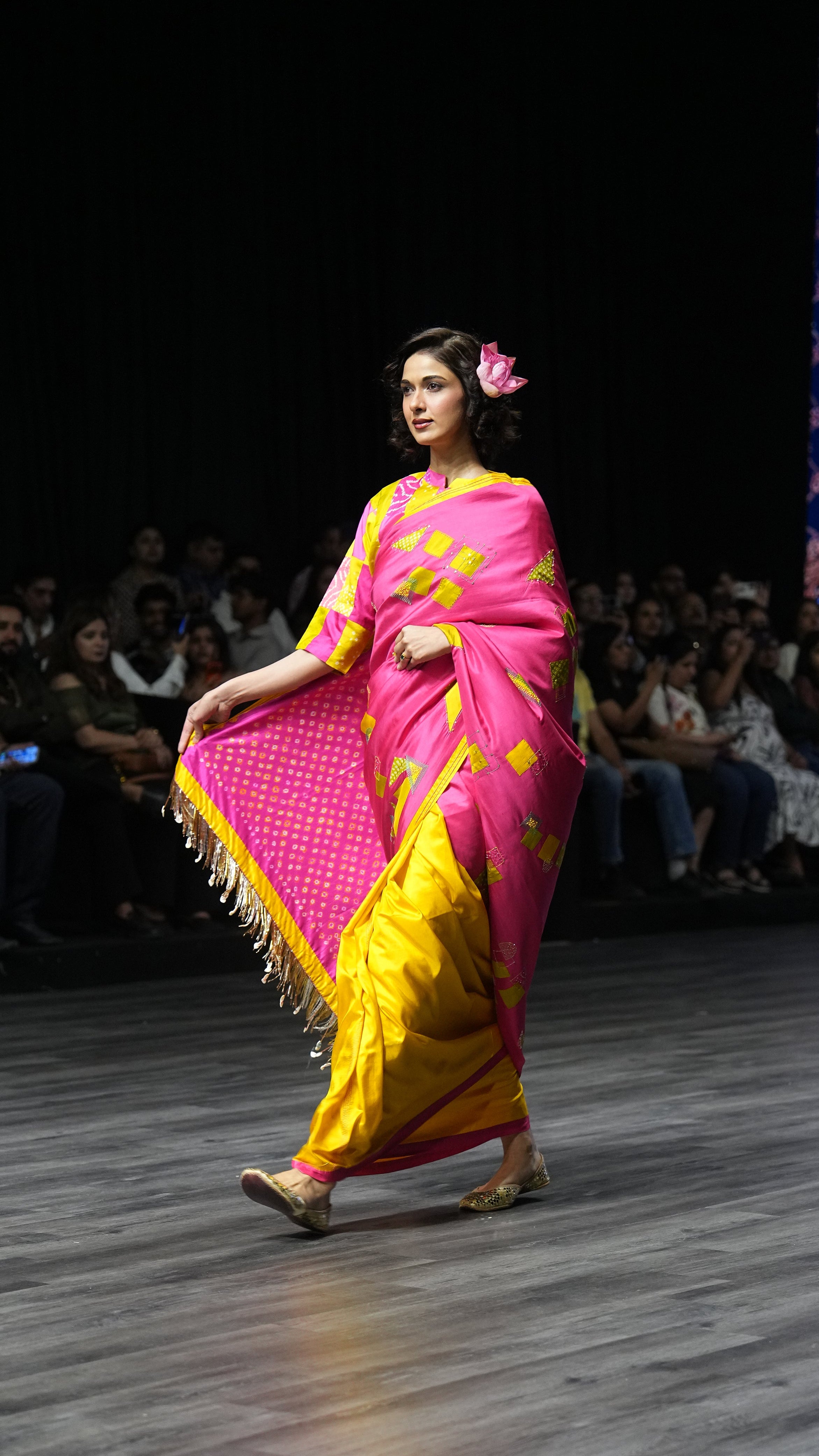 PINK - YELLOW WABI SABI EMBROIDERED SAREE WITH TASSELS