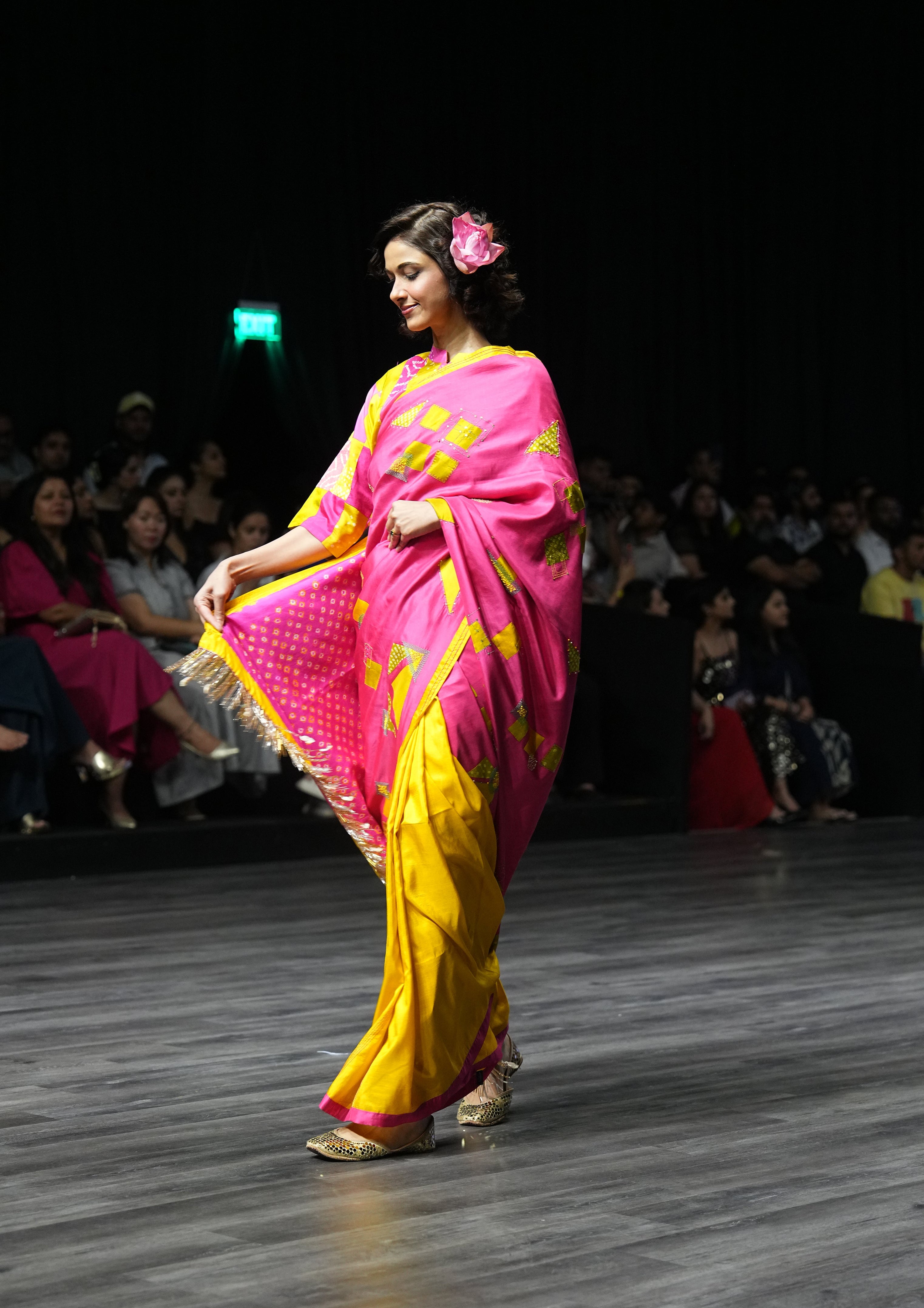 PINK - YELLOW WABI SABI EMBROIDERED SAREE WITH TASSELS