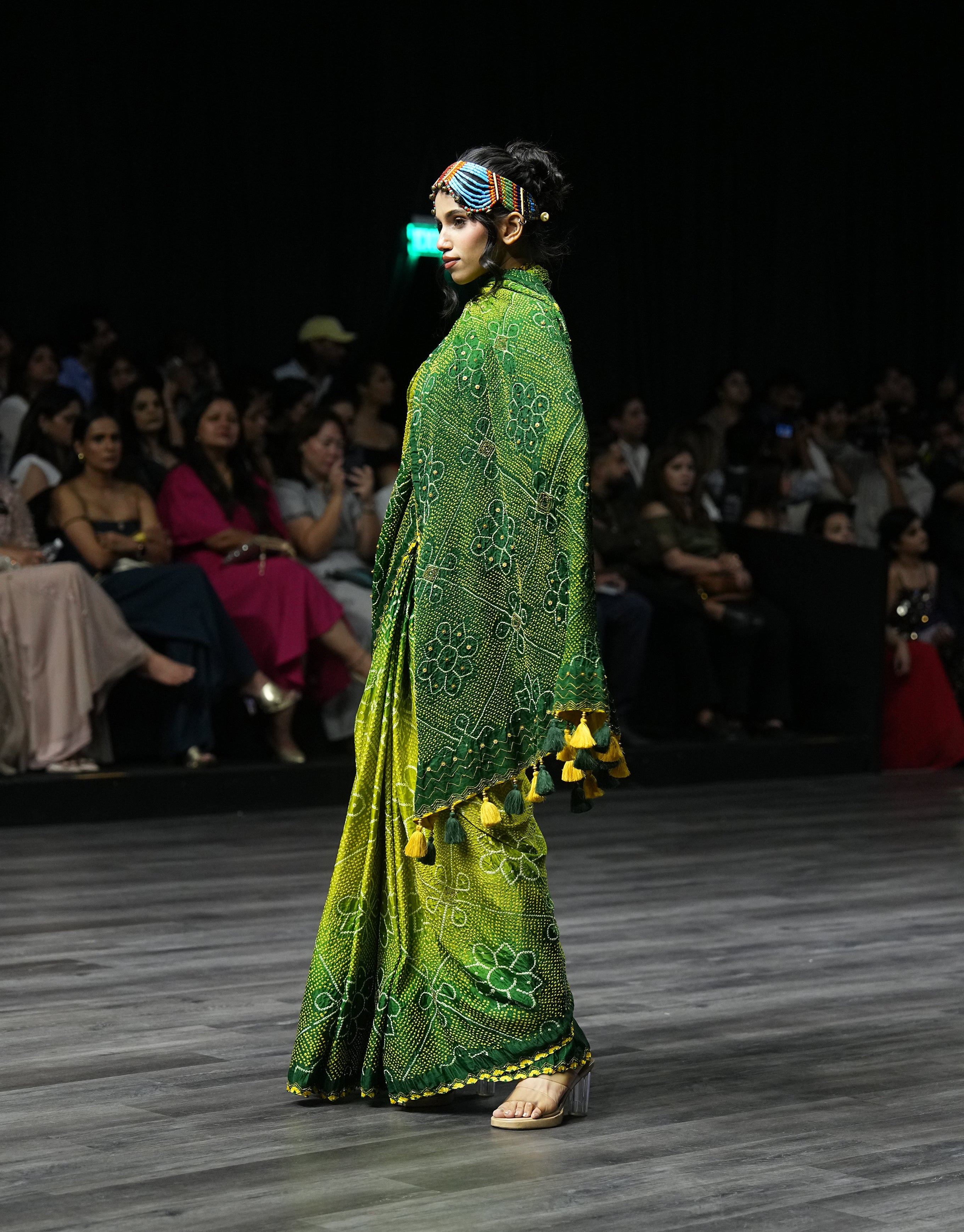 GREEN POPPY FLOWER SILK BANDHANI EMBROIDERED SAREE WITH TASSELS