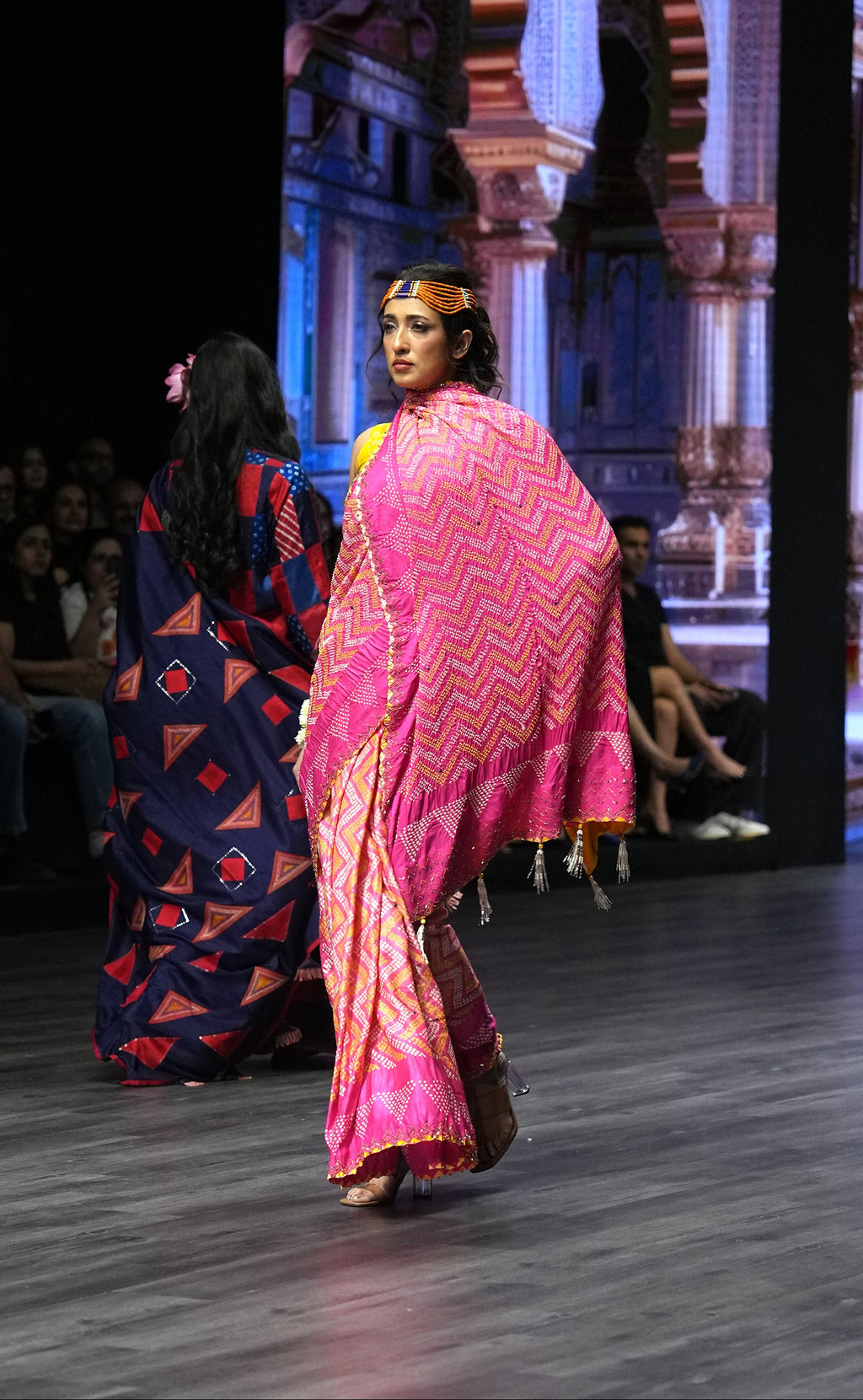 PINK CHEVRON EMBROIDERED SILK BANDHANI SAREE WITH TASSELS