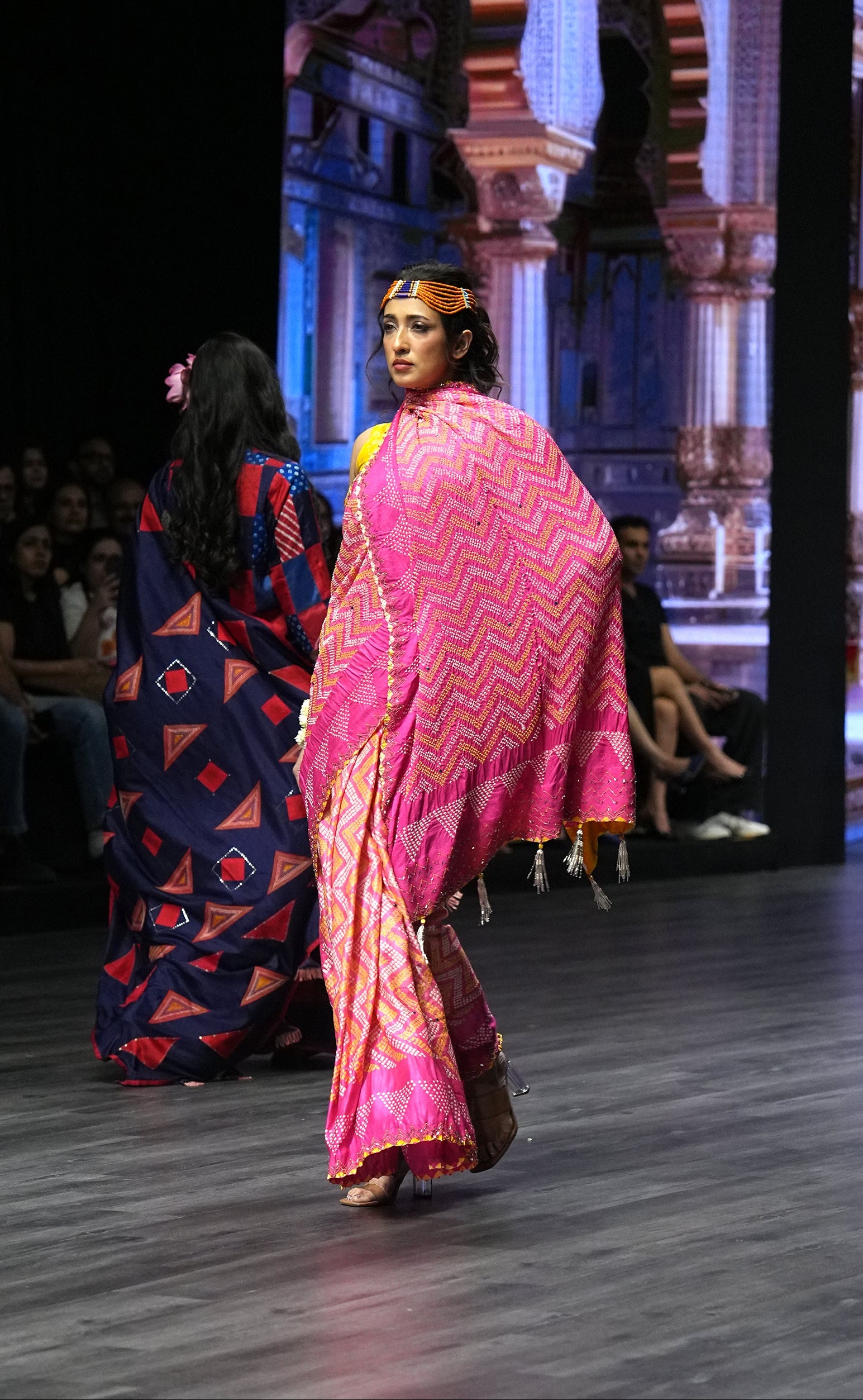 PINK CHEVRON EMBROIDERED SILK BANDHANI SAREE WITH TASSELS