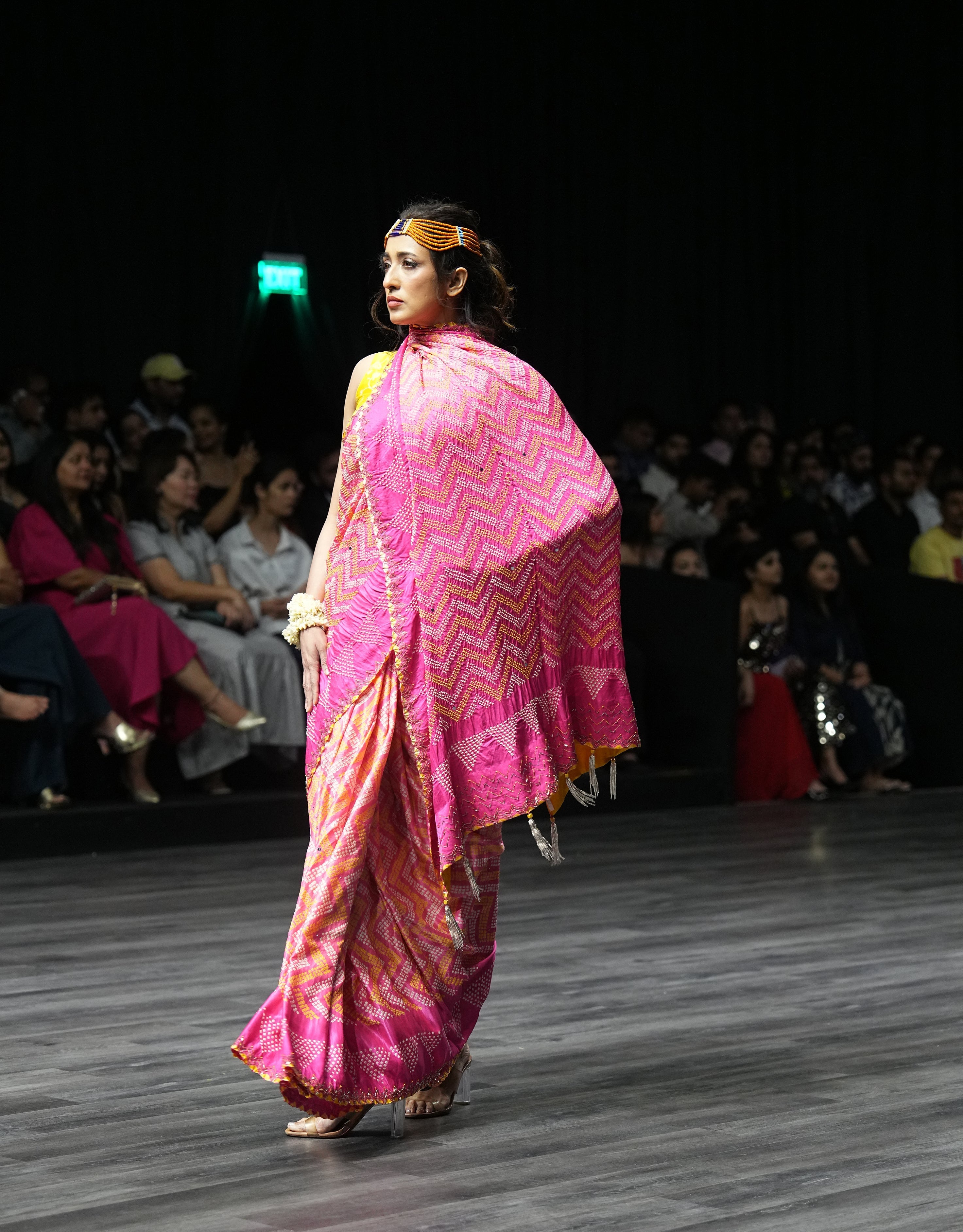 PINK CHEVRON EMBROIDERED SILK BANDHANI SAREE WITH TASSELS