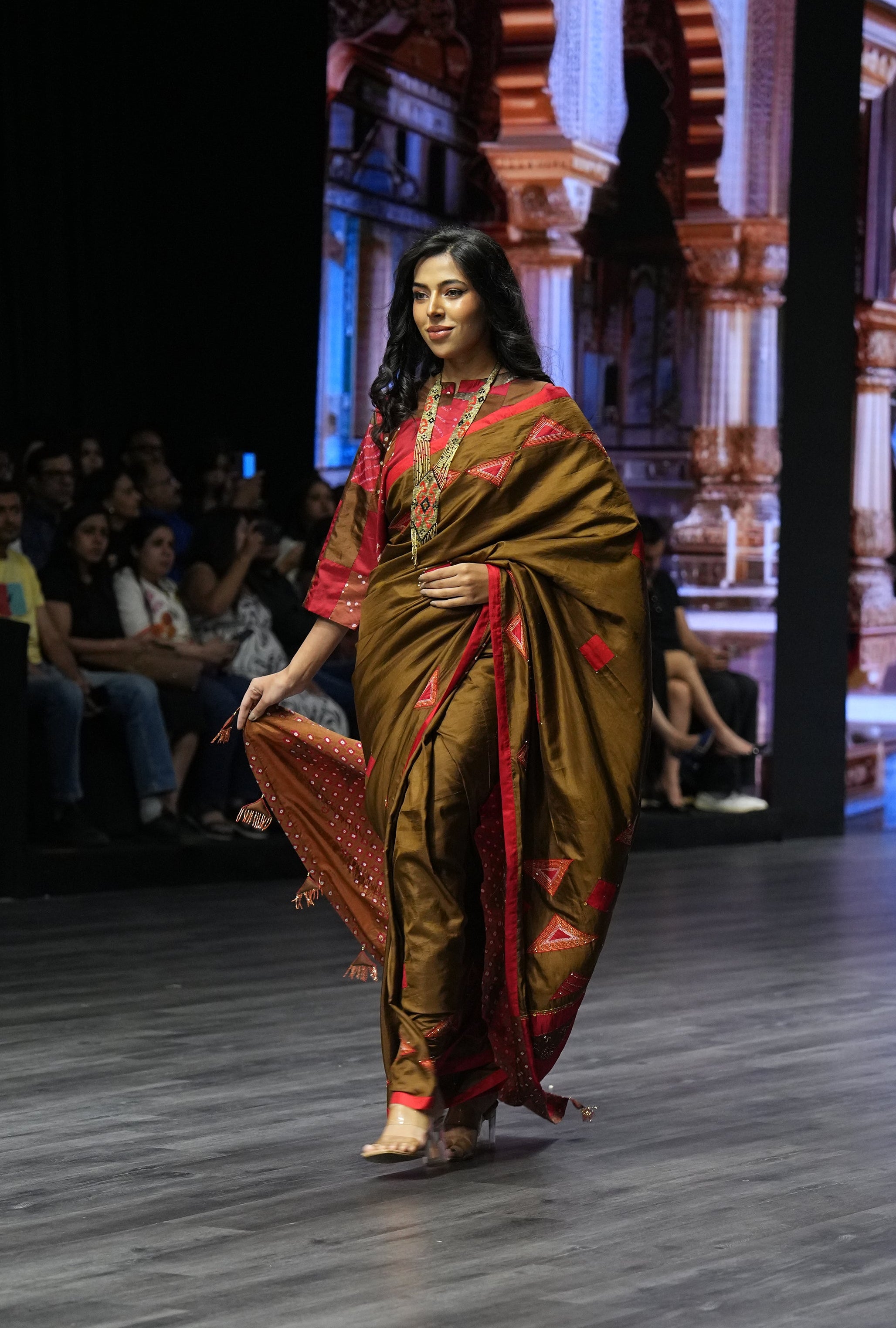 RED-BROWN WABI - SABI  EMBROIDERED SAREE WITH TASSELS