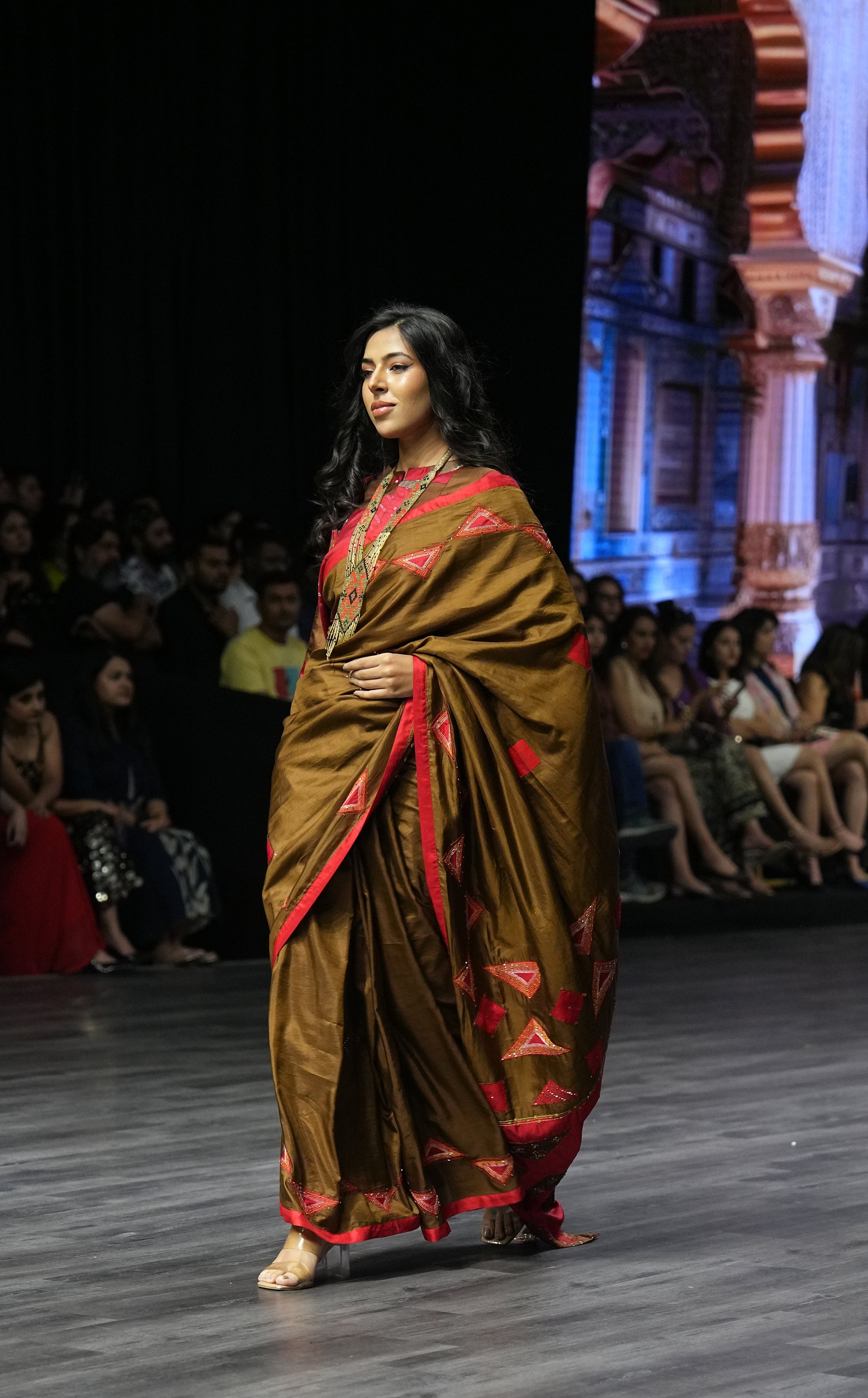 RED-BROWN WABI - SABI  EMBROIDERED SAREE WITH TASSELS