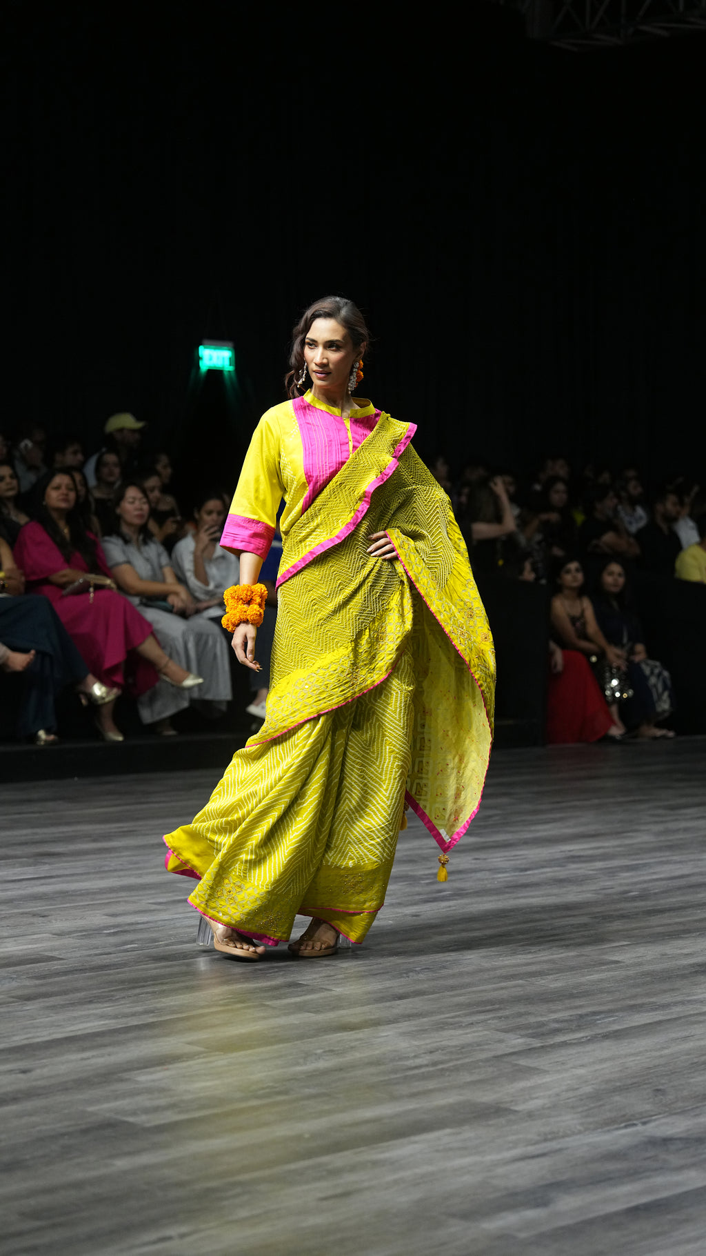 MUSTARD YELLOW APPLIQUE EMBROIDERED SILK BANDHANI SAREE WITH TASSELS