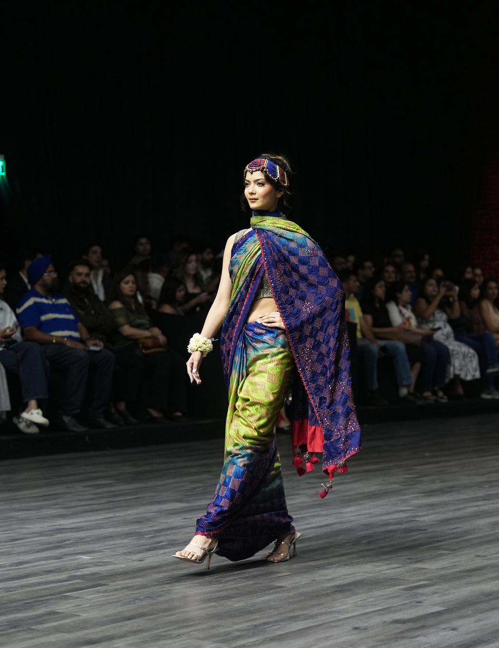 BLUE - GREEN SQUARE EMBROIDERED SILK BANDHANI WITH TASSELS