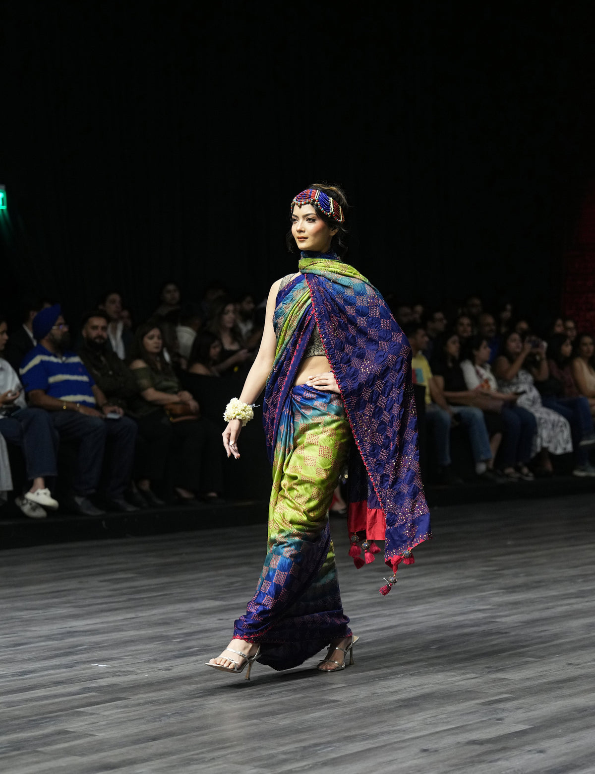BLUE - GREEN SQUARE EMBROIDERED SILK BANDHANI WITH TASSELS
