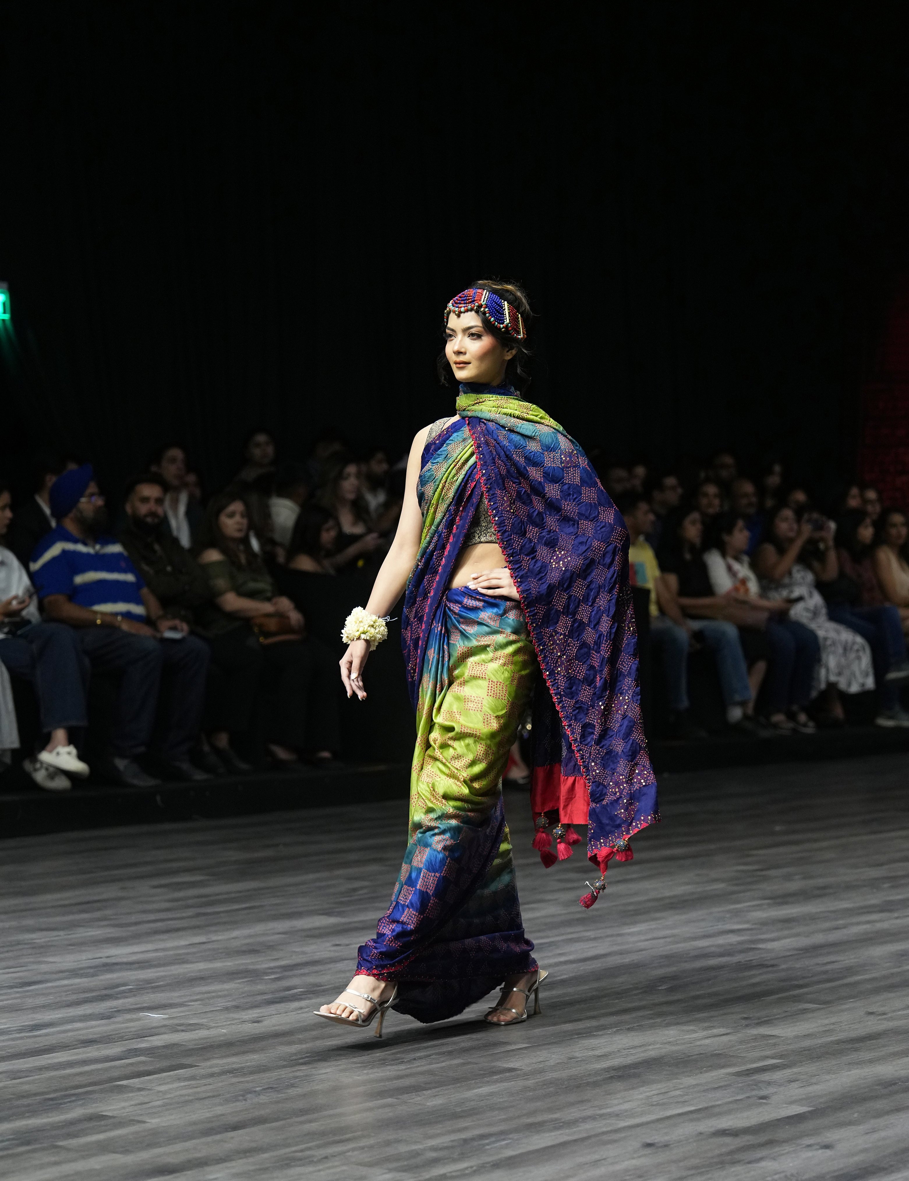 BLUE - GREEN SQUARE EMBROIDERED SILK BANDHANI WITH TASSELS