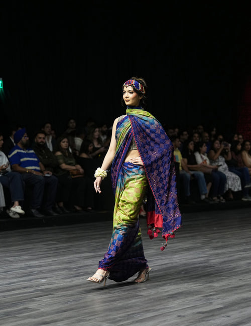 BLUE - GREEN SQUARE EMBROIDERED SILK BANDHANI WITH TASSELS