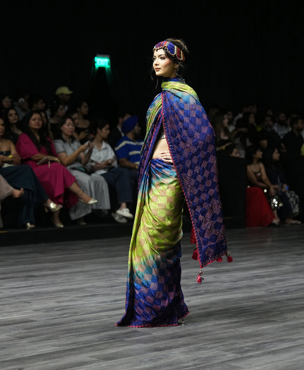 BLUE - GREEN SQUARE EMBROIDERED SILK BANDHANI WITH TASSELS