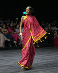 RED APPLIQUE EMBROIDERED SILK BANDHANI SAREE WITH TASSELS