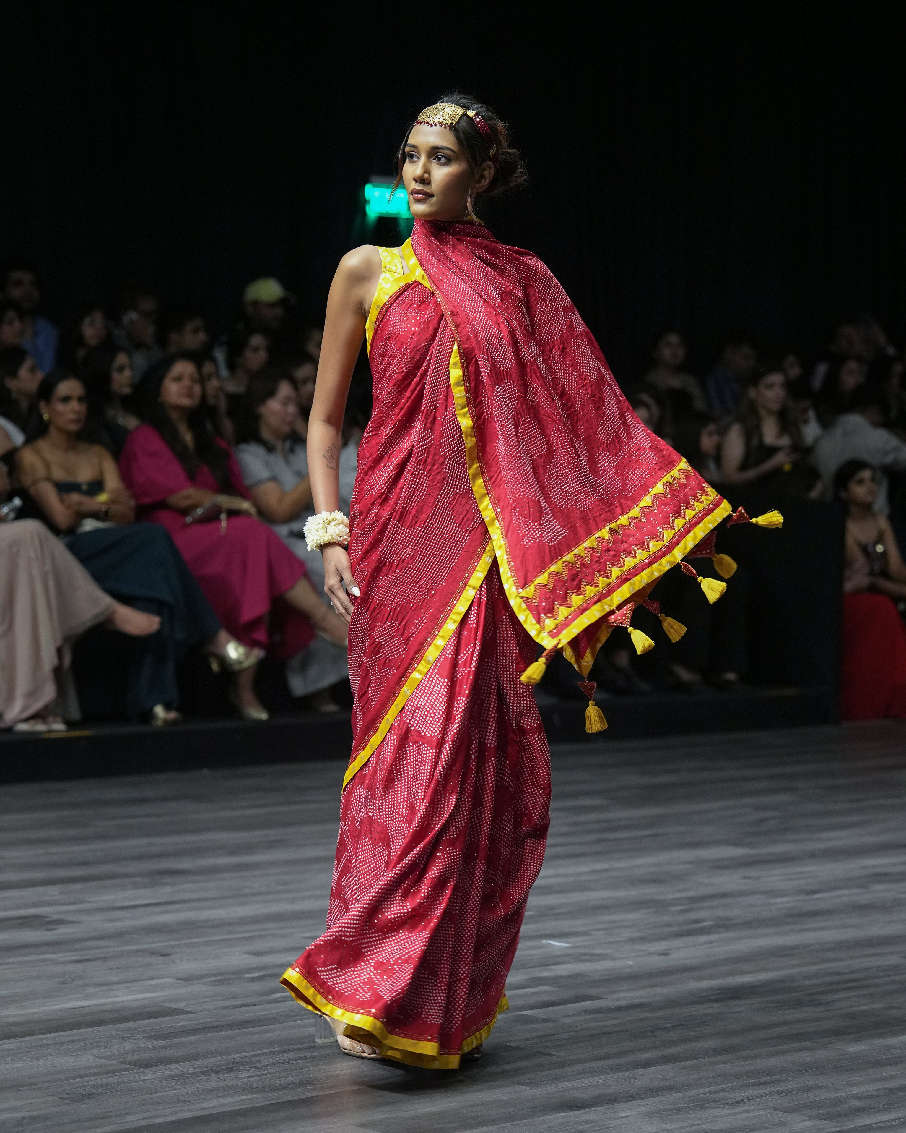 RED APPLIQUE EMBROIDERED SILK BANDHANI SAREE WITH TASSELS