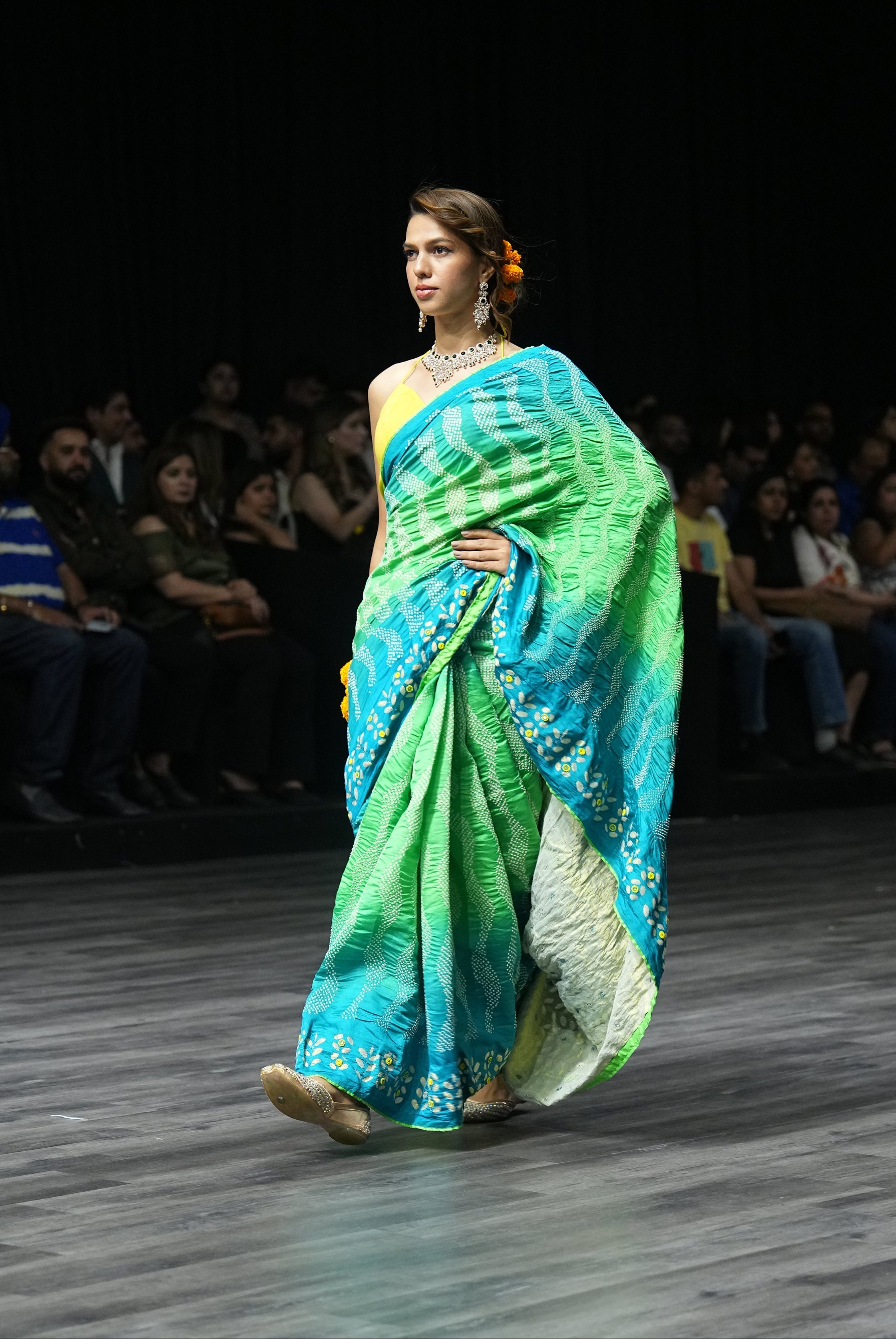 LIGHT BLUE - GREEN G14 APPLIQUE SILK BANDHANI EMBROIDERED SAREE WITH TASSELS