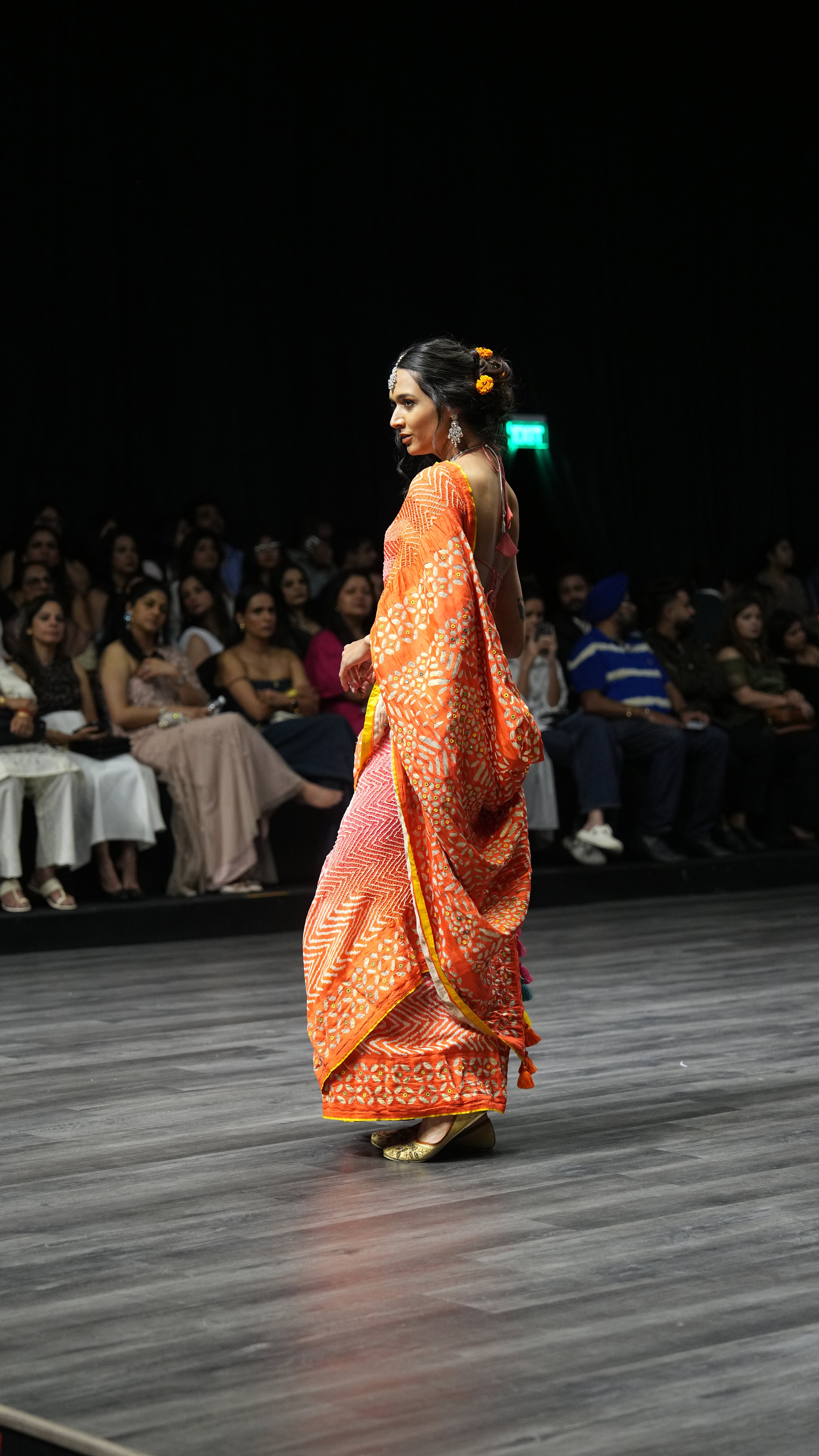 PINK - ORANGE APPLIQUE EMBROIDERED SILK BANDHANI SAREE WITH TASSELS