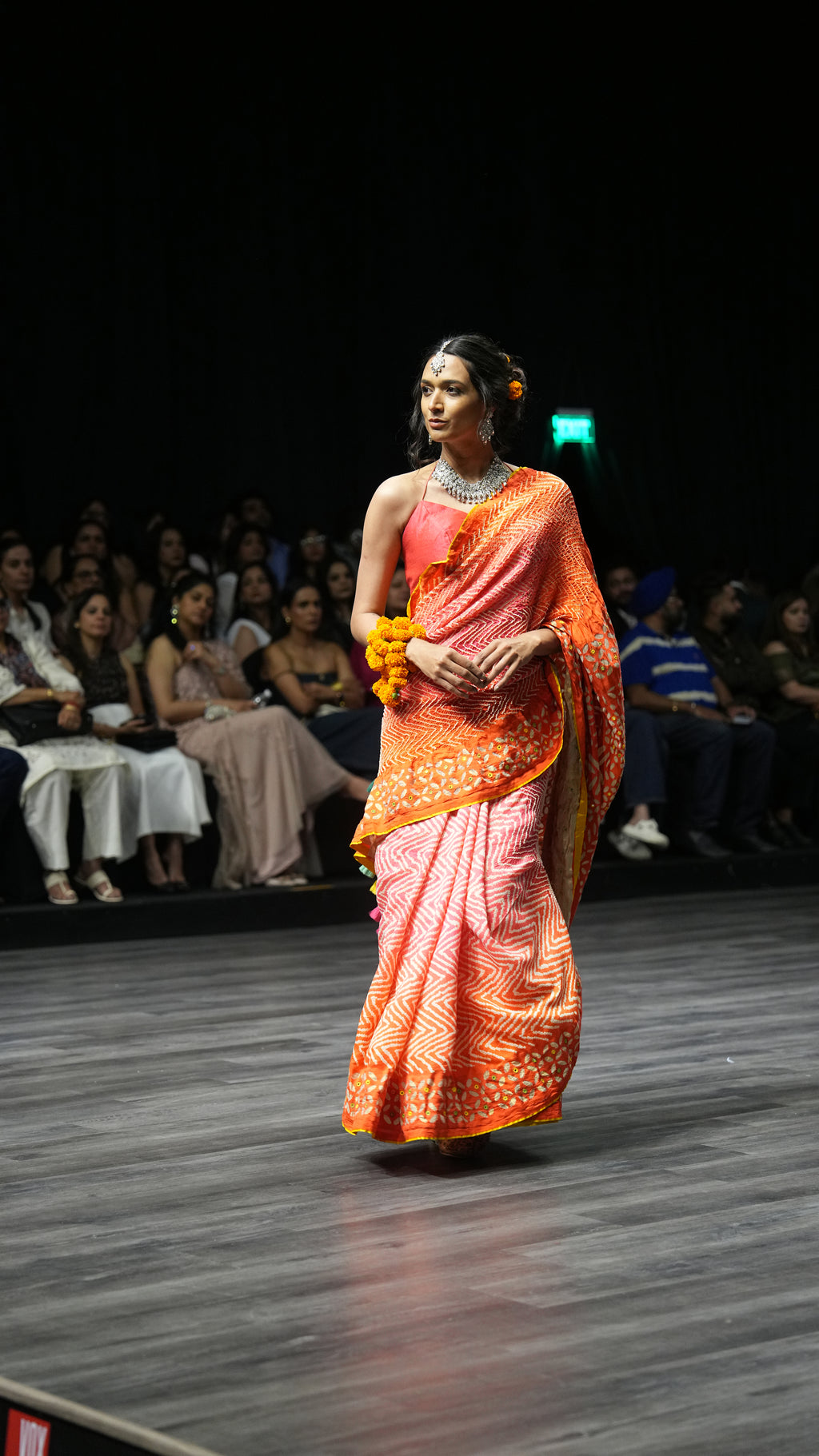 PINK - ORANGE APPLIQUE EMBROIDERED SILK BANDHANI SAREE WITH TASSELS